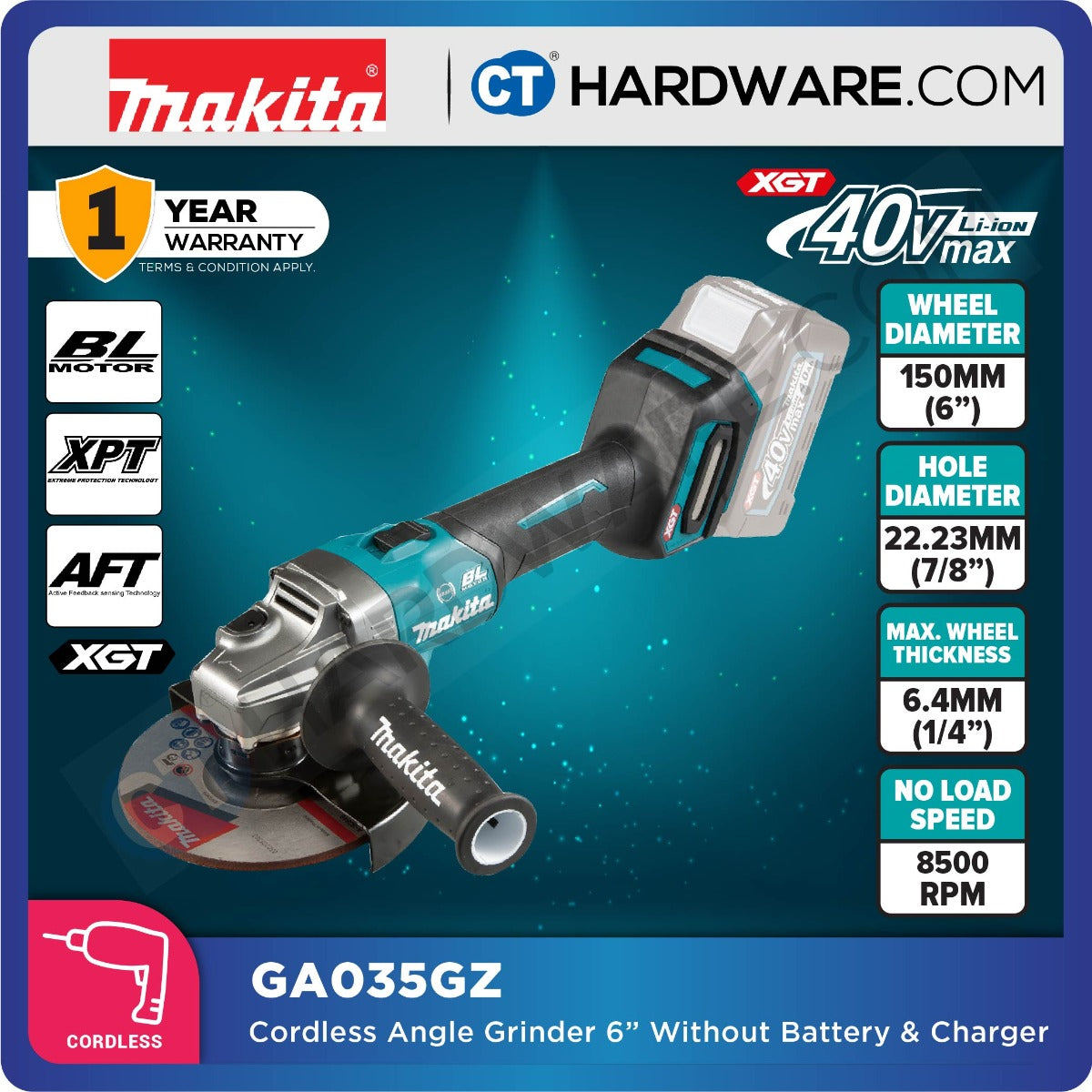 Makita GA035GZ XGT 40Vmax Cordless Brushless Angle Grinder 6" 150mm (Body Only)