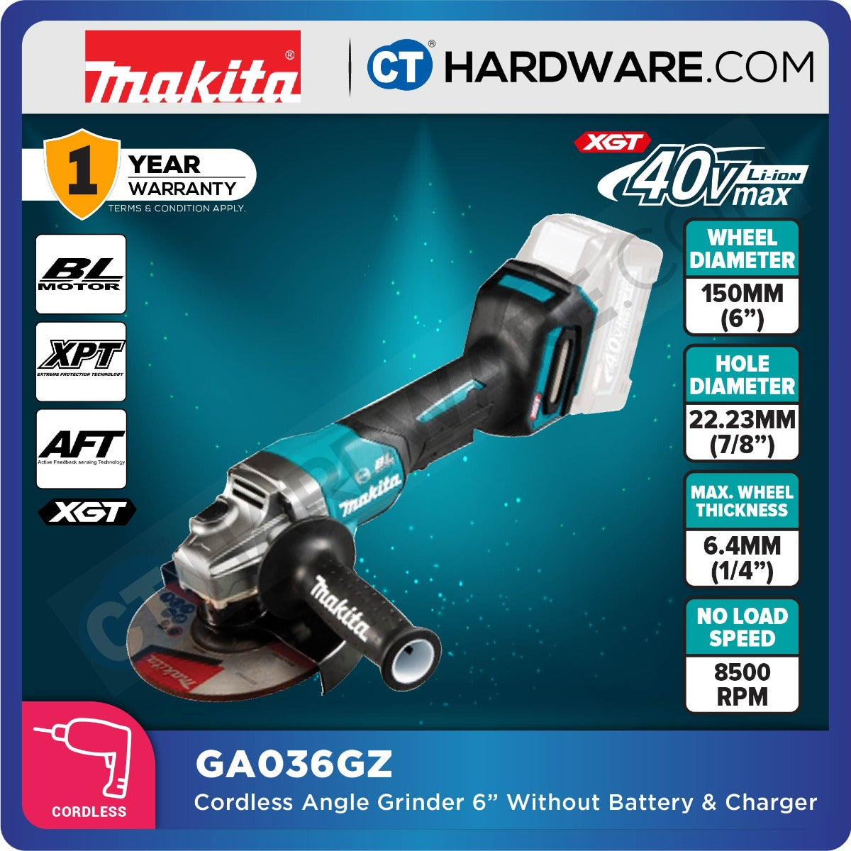 Makita GA036GZ XGT 40Vmax Cordless Brushless Angle Grinder 6" 150mm (Body Only)