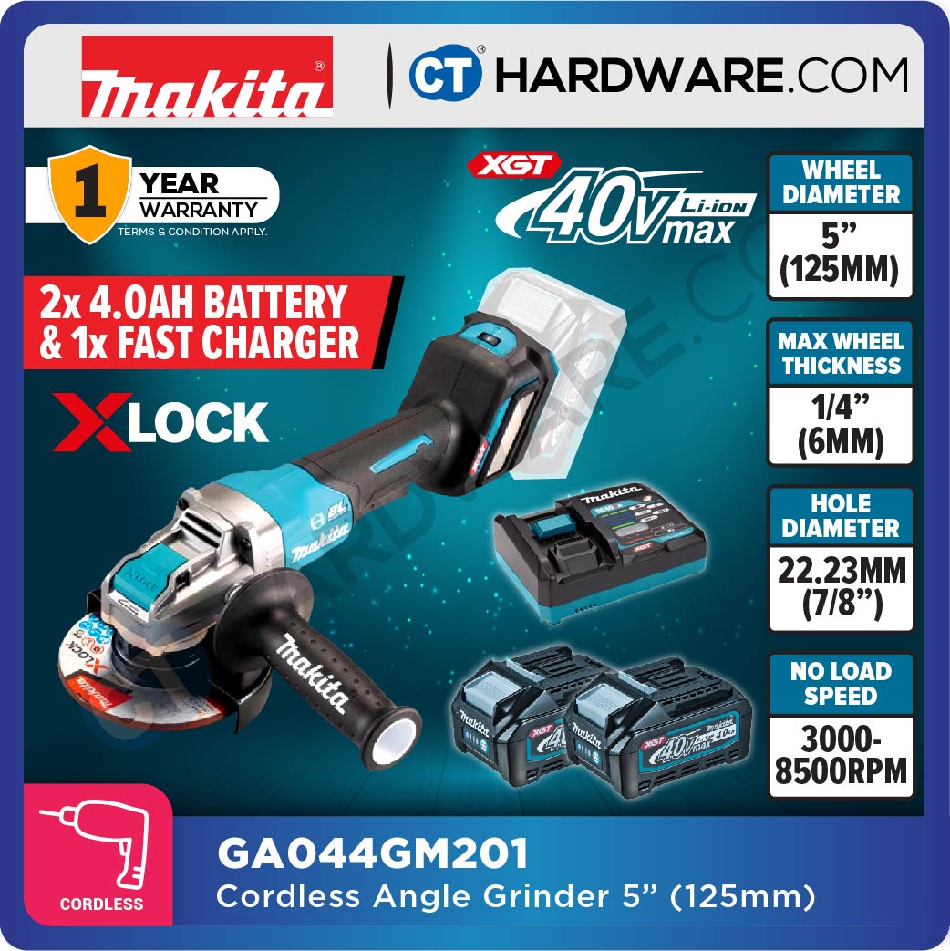 Makita GA044GM201/ GD201/ GZ XGT 40Vmax Cordless Brushless Angle Grinder 5" 125mm (Body Only | 2-Battery)