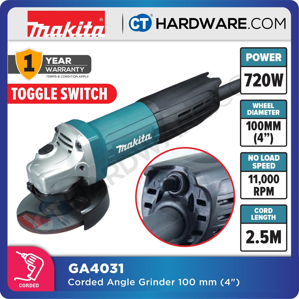 Makita GA4031 Angle Grinder 4" 100mm 720W (Toggle Switch)