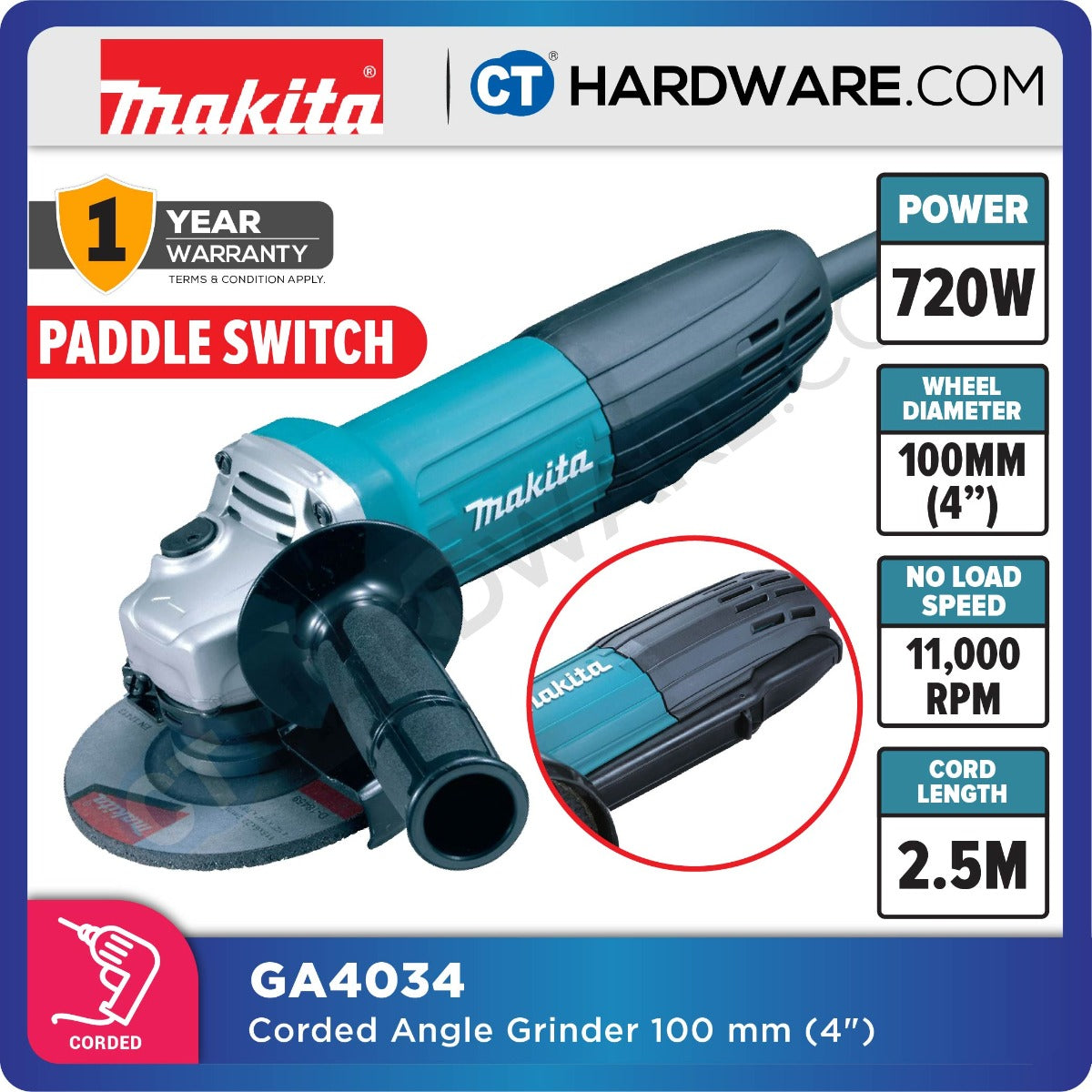 Makita GA4034 Angle Grinder 4" 100mm 720W (Paddle Switch)