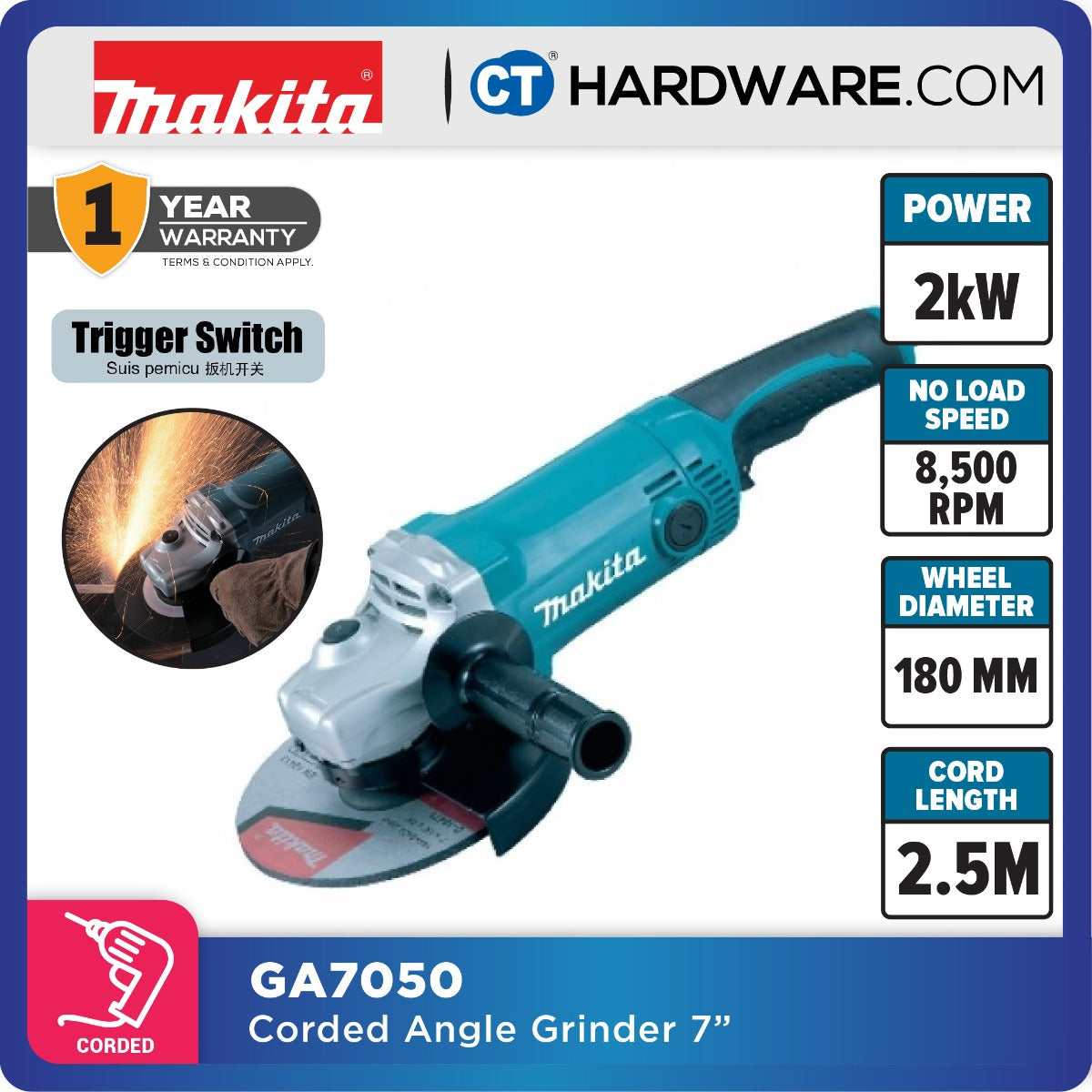 Makita GA7050 Angle Grinder 7" 180mm 2000W Trigger Switch)