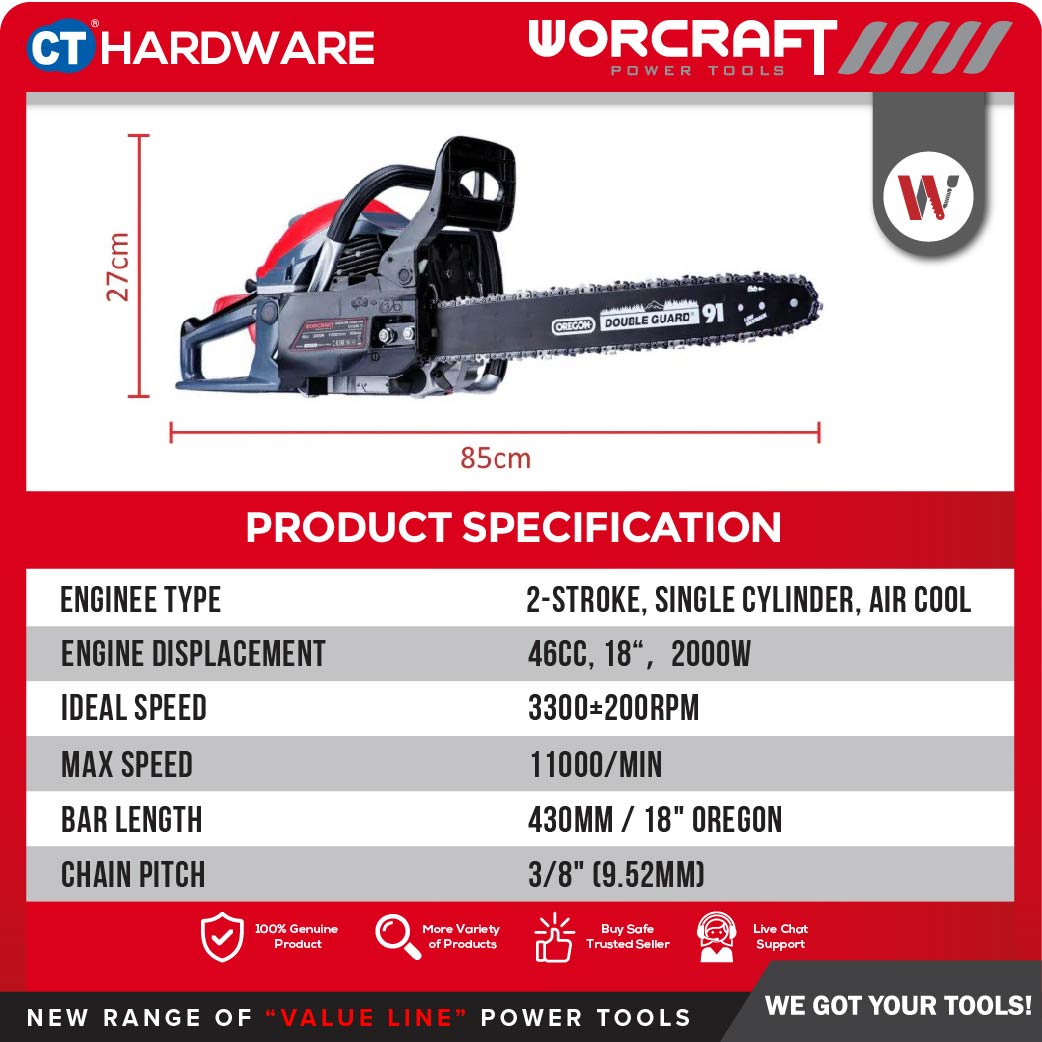 Worcraft GCS46-18 Petrol Chain Saw 46cc 18" 2000W