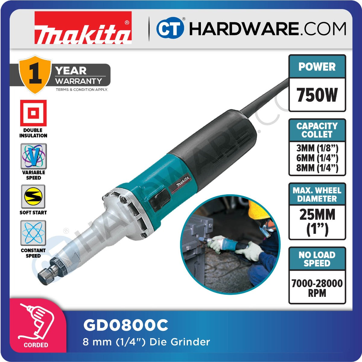 Makita GD0800C Die Grinder 6mm 750W With Speed Control