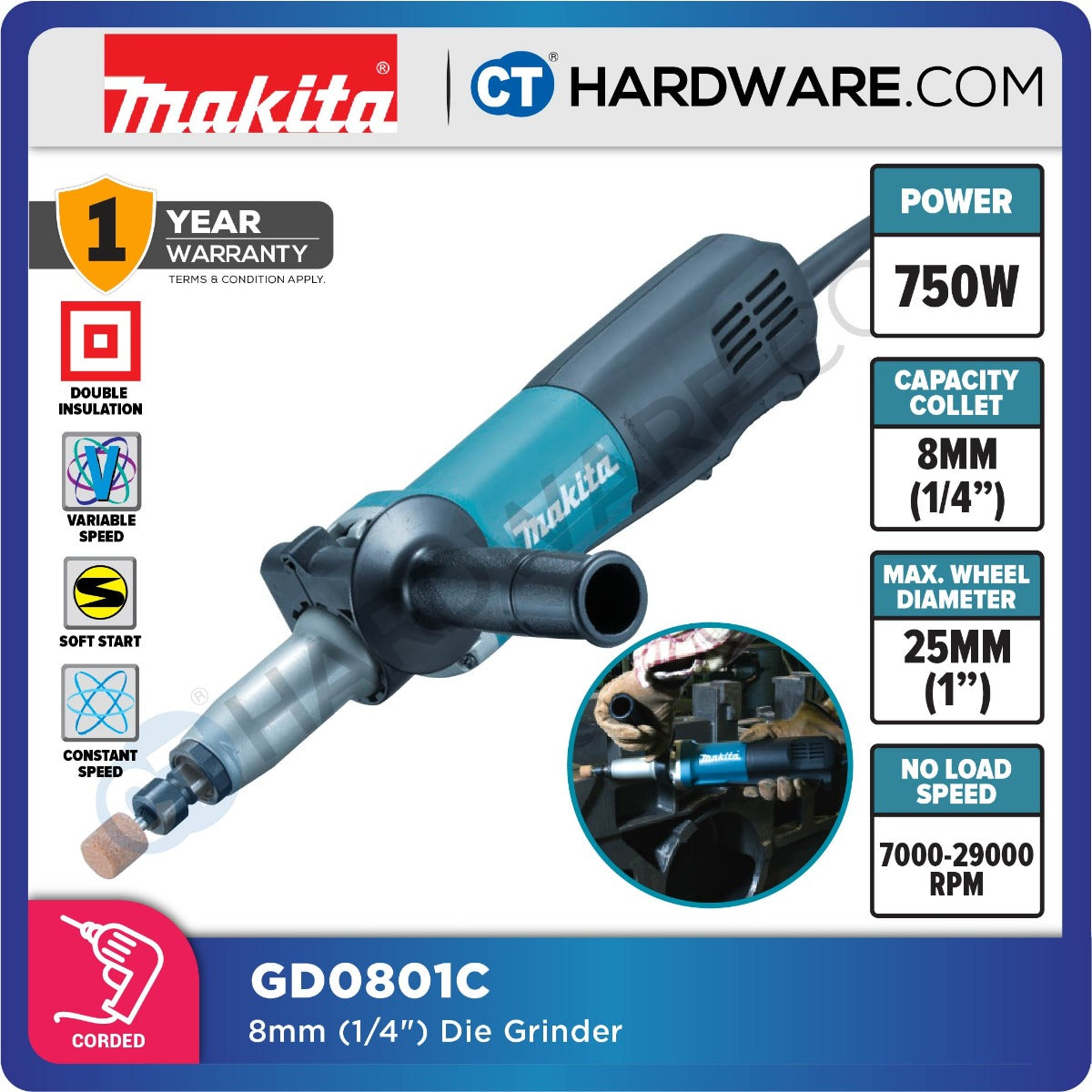 Makita GD0801C Die Grinder 6mm 750W With Speed Control