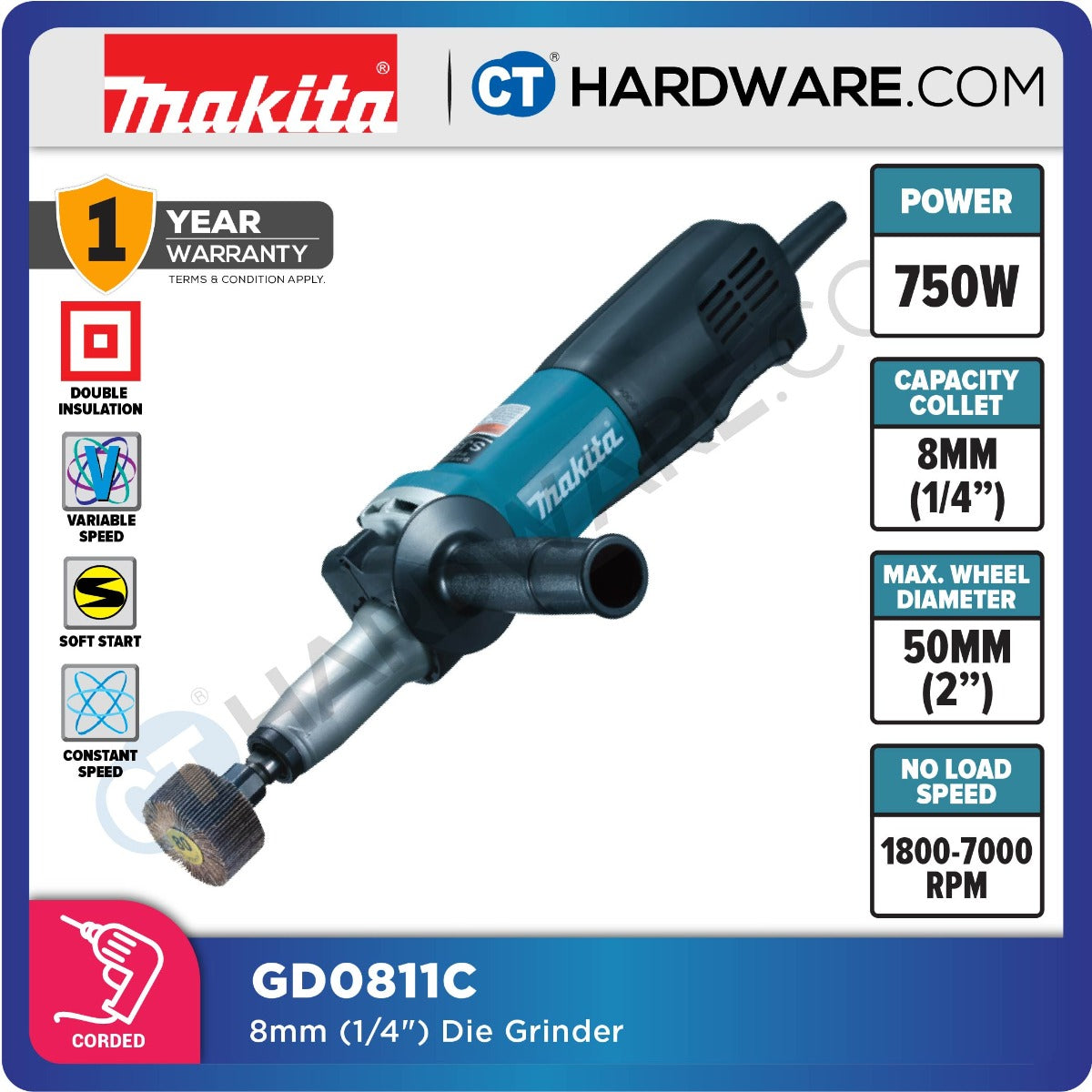 Makita GD0811C Die Grinder 6mm 750W