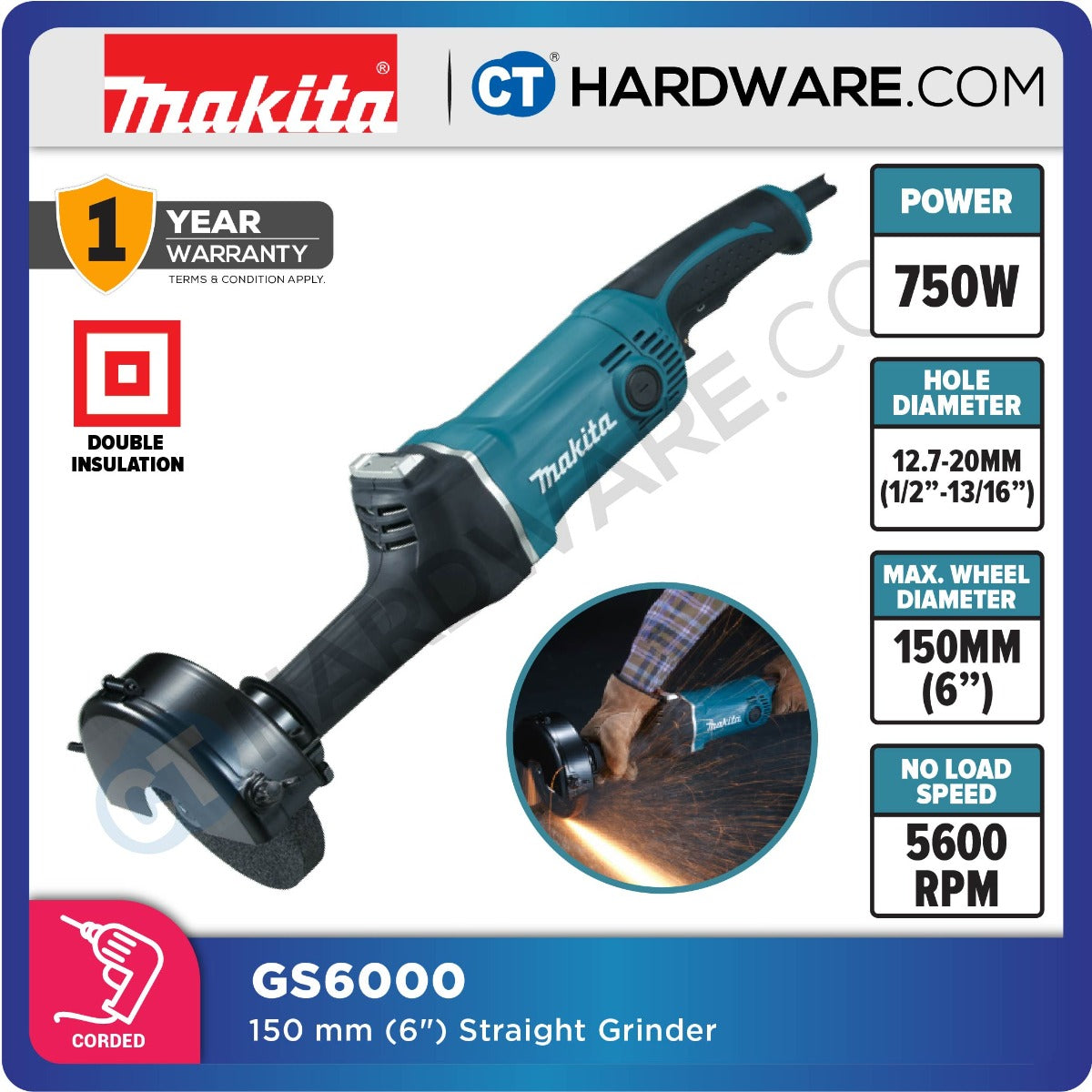 Makita GS6000 Straight Grinder 6" 150mm 750W