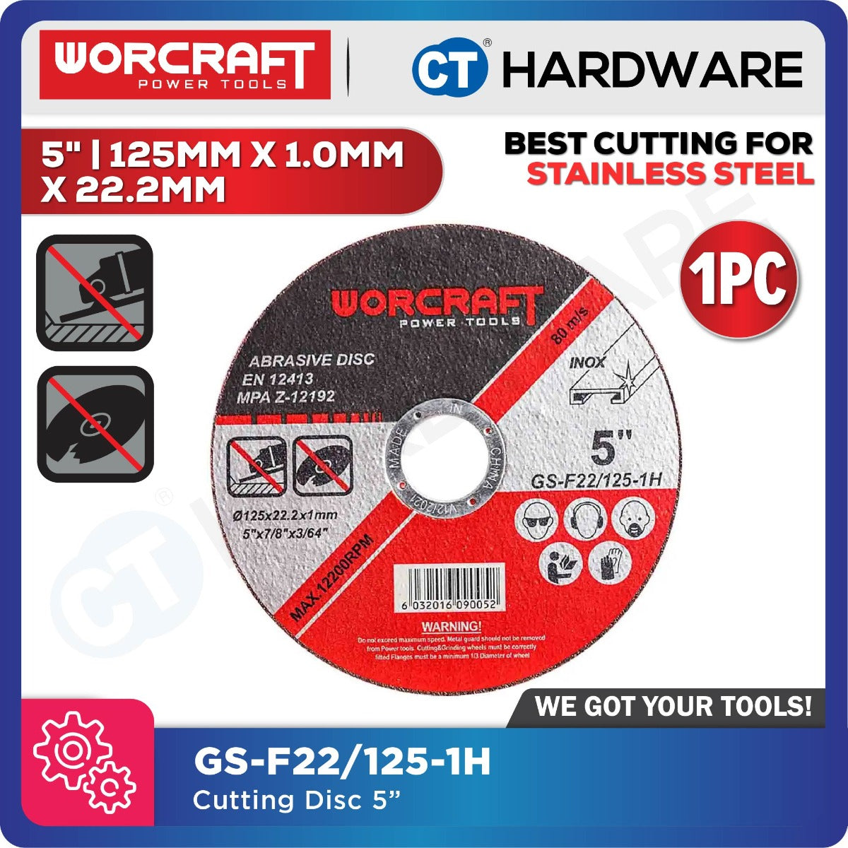 Worcraft GS-F22/125-1H Cutting Disc for Stainless Steel 125 x 1.0 x 22.2mm 5" (1pc)