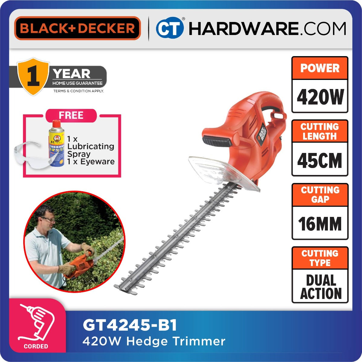 BLACK+DECKER GT4245-B1 Hedge Trimmer 420W 45CM Blade