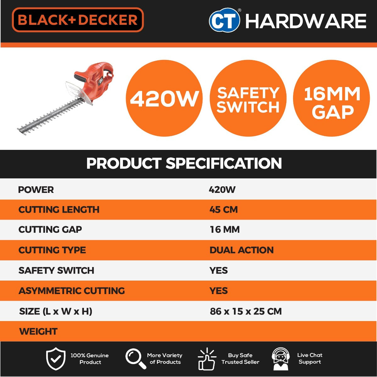 BLACK+DECKER GT4245-B1 Hedge Trimmer 420W 45CM Blade