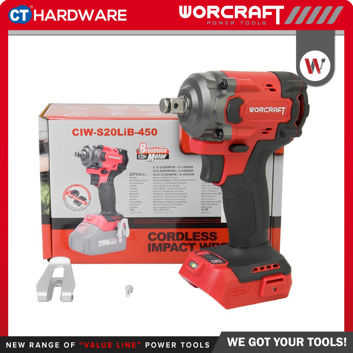 Worcraft CIW-S20LiB-450 20V Cordless Brushless Impact Wrench 1/2" 450Nm