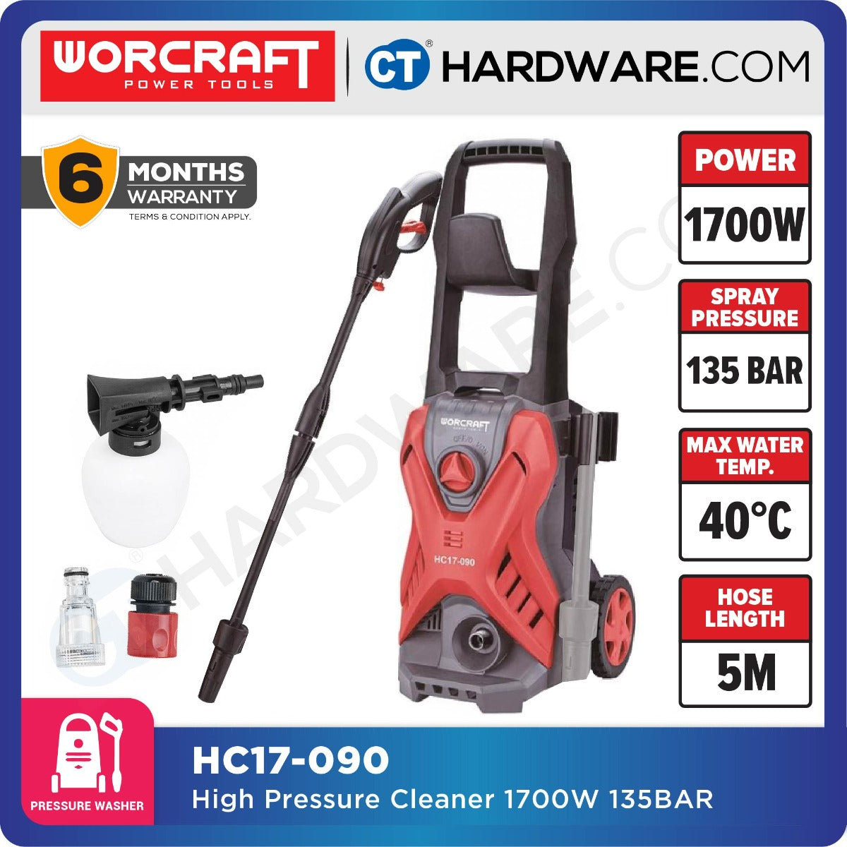 Worcraft HC17-090 High Pressure Cleaner 1700W 90 Bar 5.5L/min