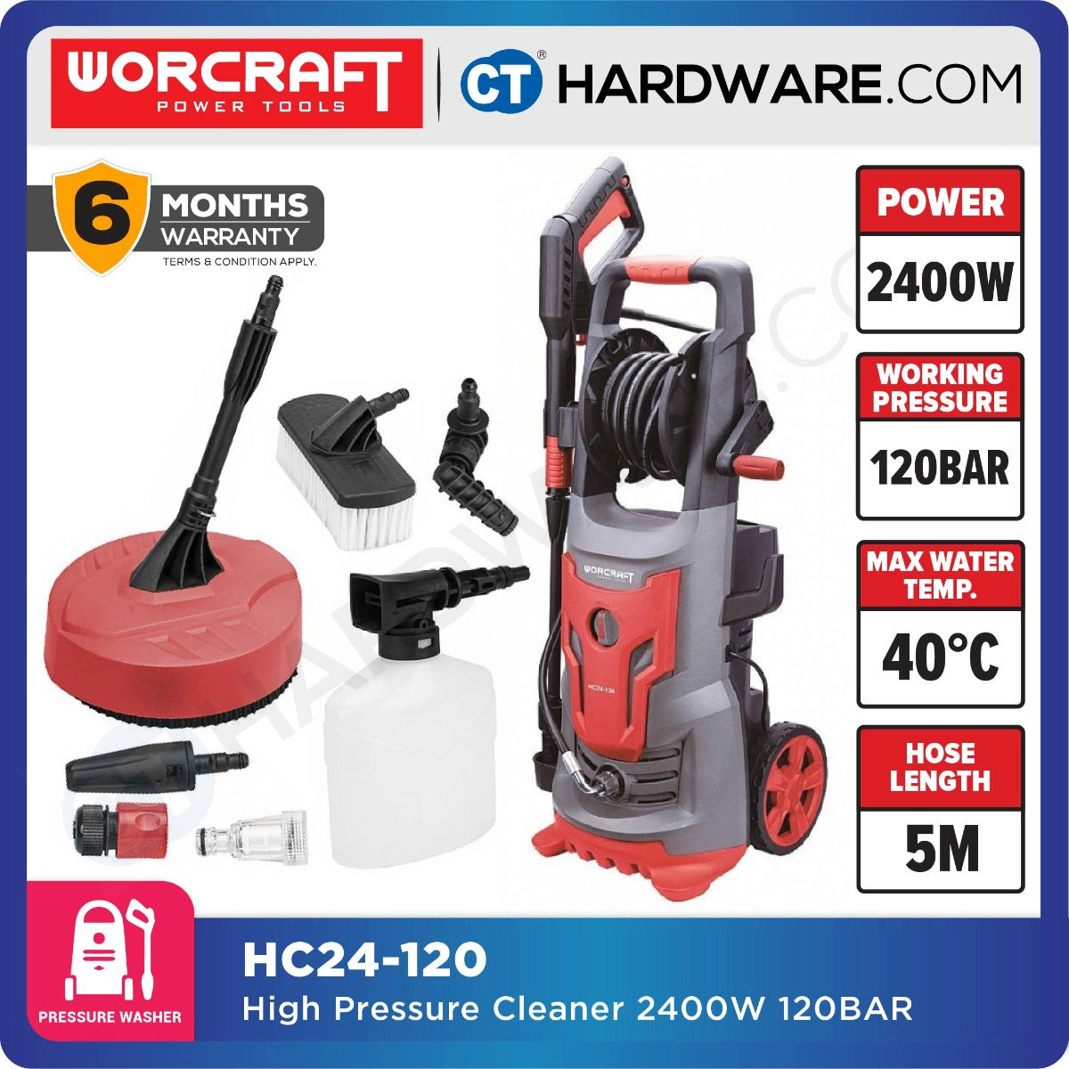 Worcraft HC24-120 High Pressure Cleaner 2400W 120 Bar 6.5L/min