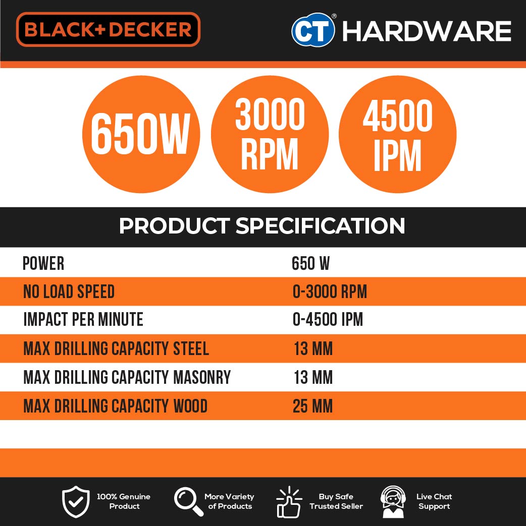 BLACK+DECKER HD650BXH-B1 Percussion Hammer Drill 550W C/W Accessories And Tool Box