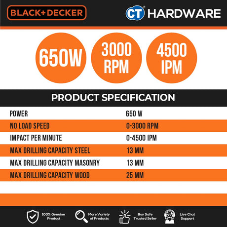 BLACK+DECKER HD650BXH-B1 Percussion Hammer Drill 550W C/W Accessories And Tool Box