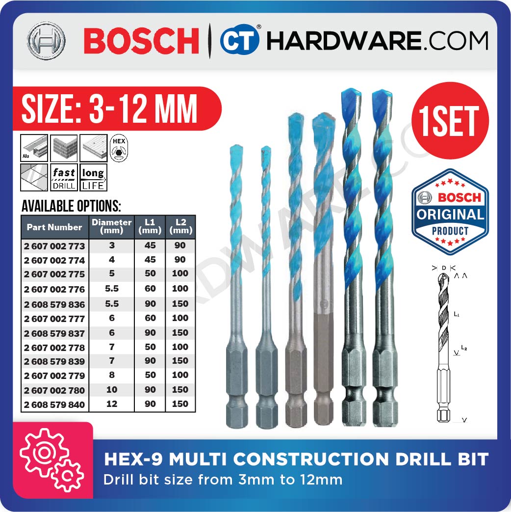BOSCH HEX-9 MULTI CONSTRUCTION DRILL BIT SIZE 3 MM TO 12 MM - 1PC