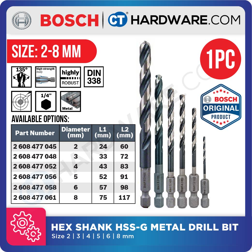 Bosch Impact Control Hex Shank HSS-G Metal Drill Bit 1/4" 2mm - 8mm