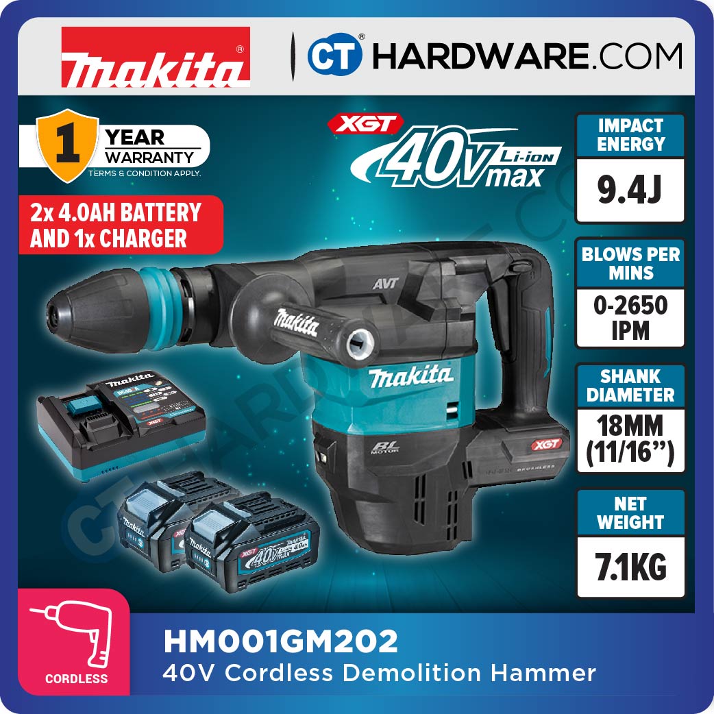 Makita HM001GM202/ GZ XGT 40Vmax Cordless Brushless SDS Max Demolition Hammer 9.4J (Body Only | 2-Battery)