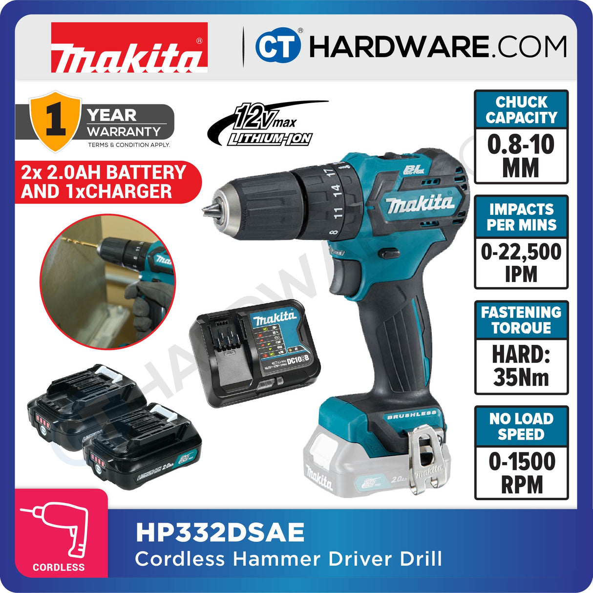 Makita HP332DSME/ DSAE/ DZ CXT 12Vmax Cordless Brushless Hammer Driver Drill 10mm 32NM (Body Only | 2-Battery)