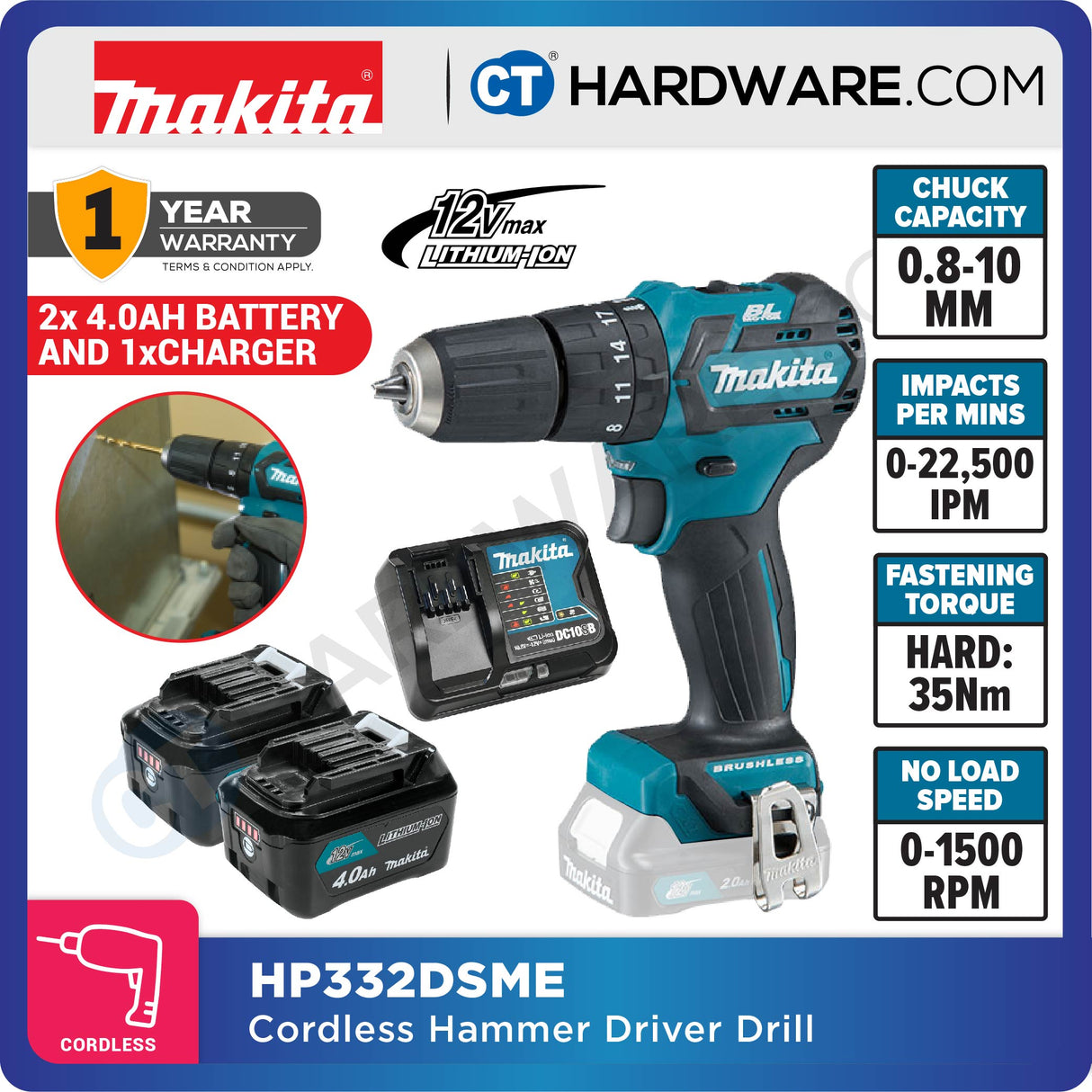 Makita HP332DSME/ DSAE/ DZ CXT 12Vmax Cordless Brushless Hammer Driver Drill 10mm 32NM (Body Only | 2-Battery)
