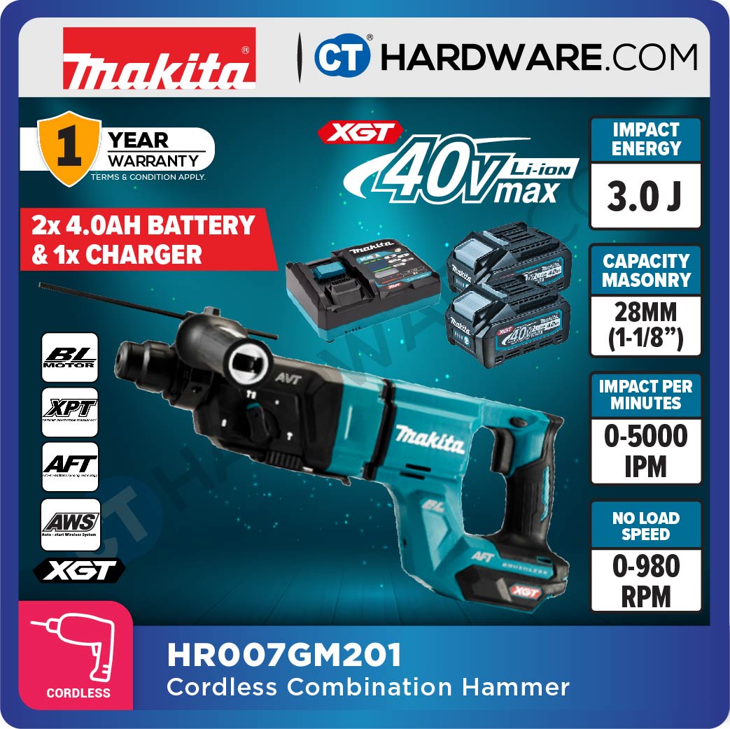Makita HR007GM201/ GZ XGT 40Vmax Cordless Brushless SDS Plus Combination Hammer 3-Mode 28mm 3J (Body Only | 2-Battery)