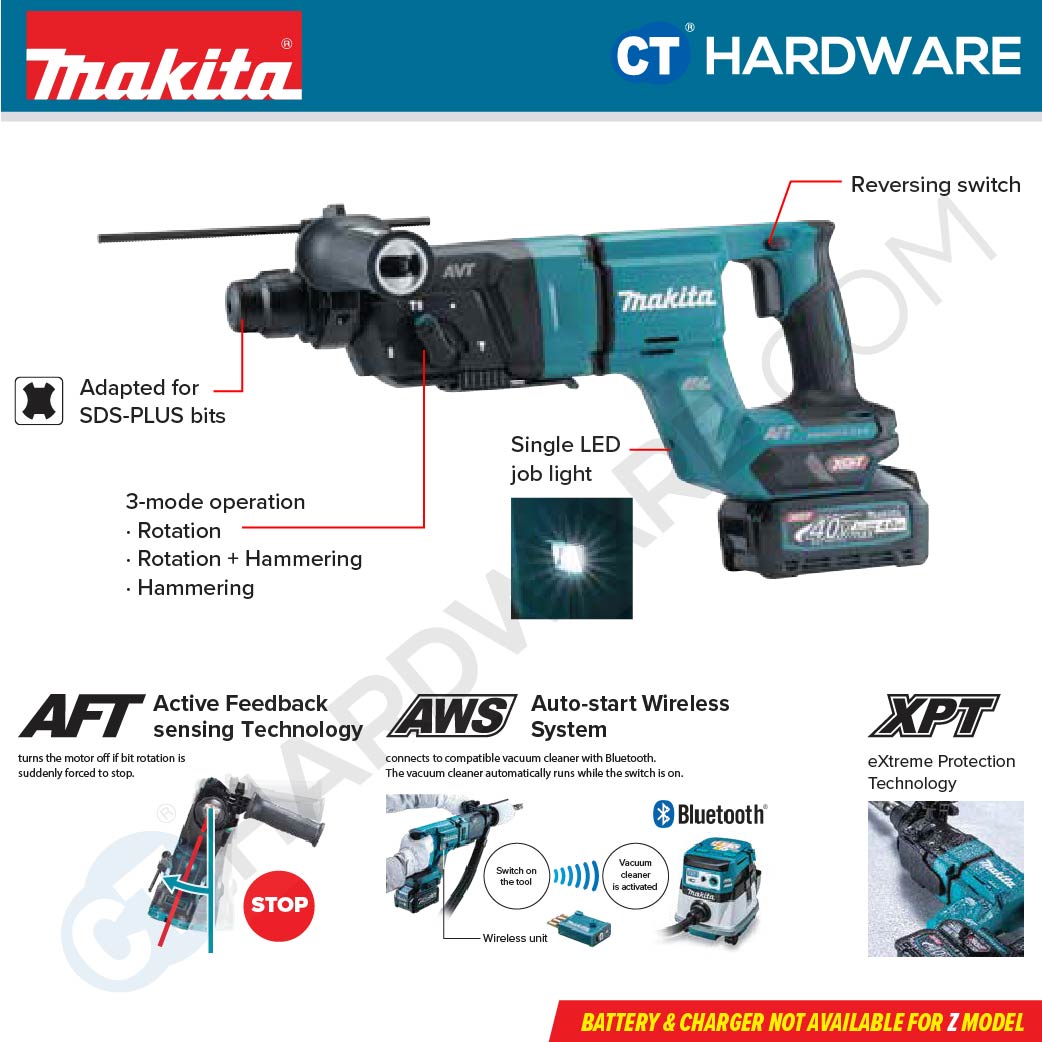 Makita HR007GM201/ GZ XGT 40Vmax Cordless Brushless SDS Plus Combination Hammer 3-Mode 28mm 3J (Body Only | 2-Battery)