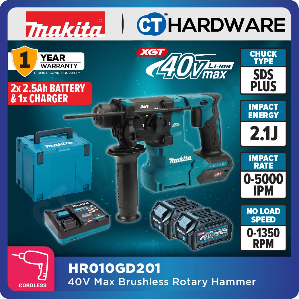 Makita HR010GZ/ GD201 XGT 40Vmax Cordless Brushless SDS Plus Combination Hammer 20mm 2.1J (Body Only | 2-Battery)