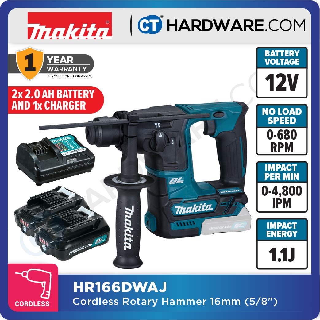 Makita HR166DSMJ/ DWAJ/ DZ CXT 12Vmax Cordless Brushless SDS Plus Rotary Hammer 2-Mode 16mm (Body Only | 2-Battery)