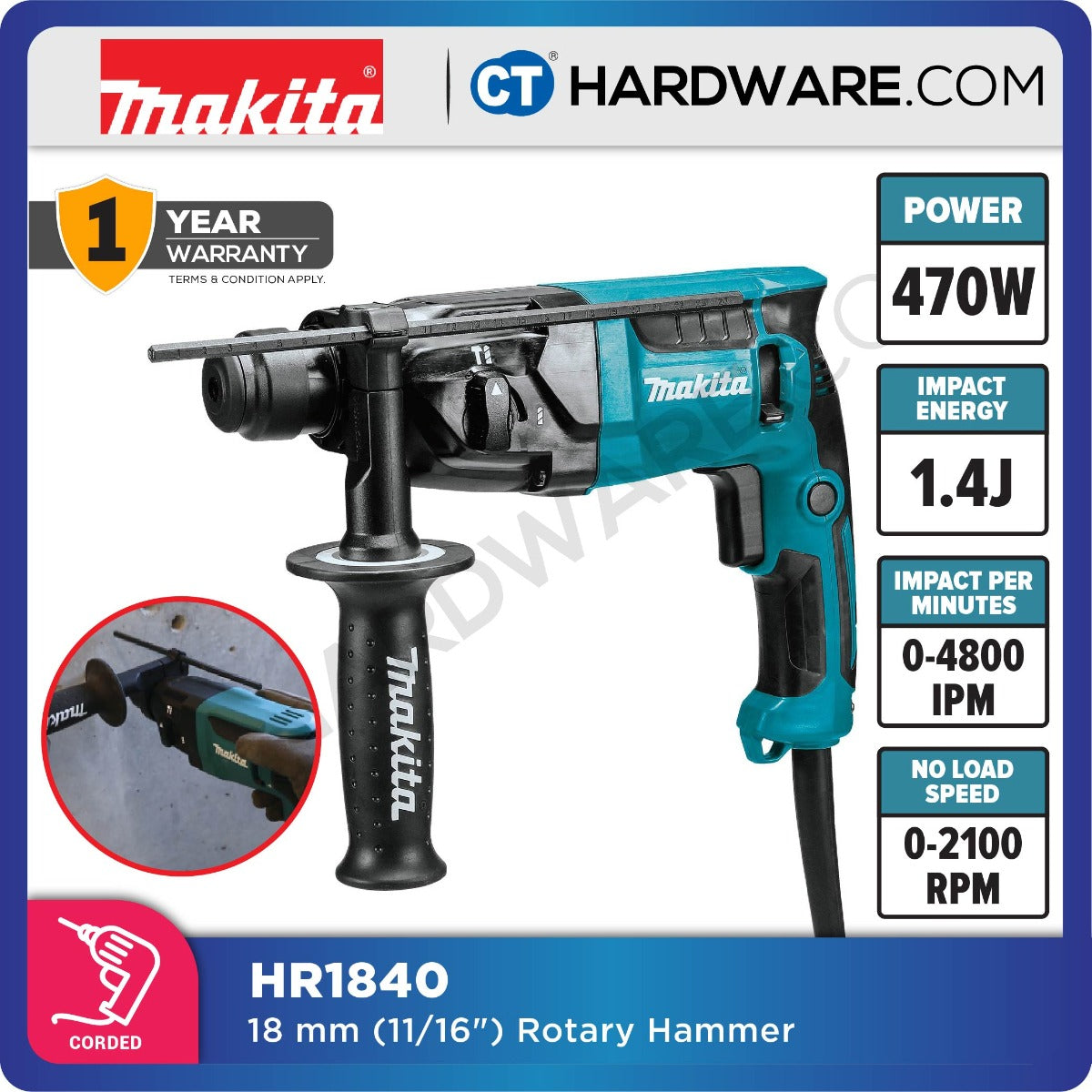 Makita HR1840 SDS Plus Rotary Hammer 2-Mode 470W 18mm 1.4J