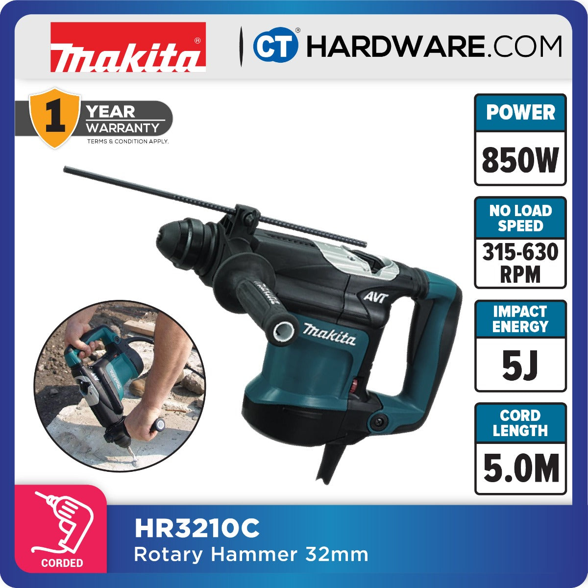 Makita HR3210C SDS Plus Combination Hammer 3-Mode 850W 32mm 5.5J