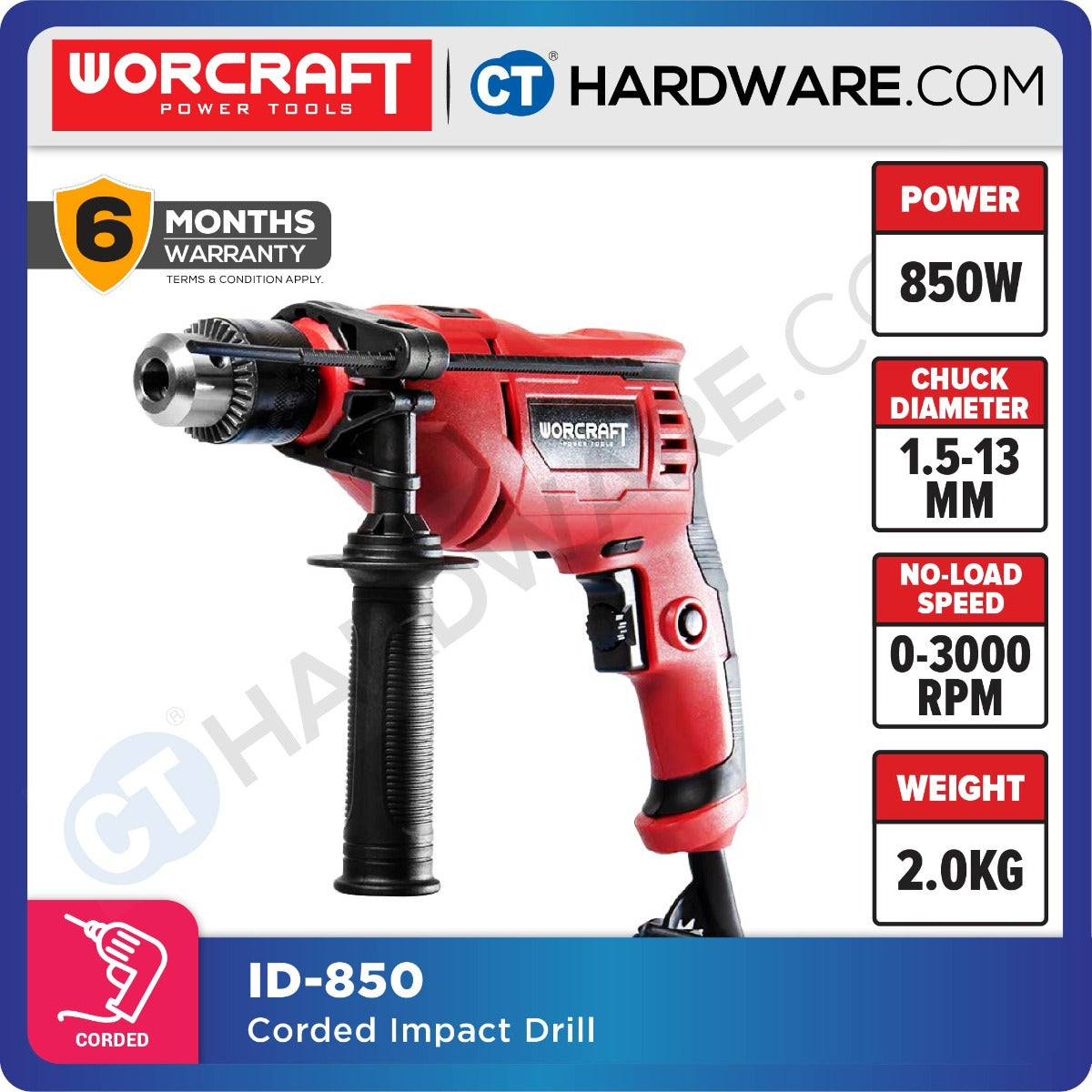 WORCRAFT ID850 CORDED IMPACT DRILL 13MM | 650W | 3000RPM