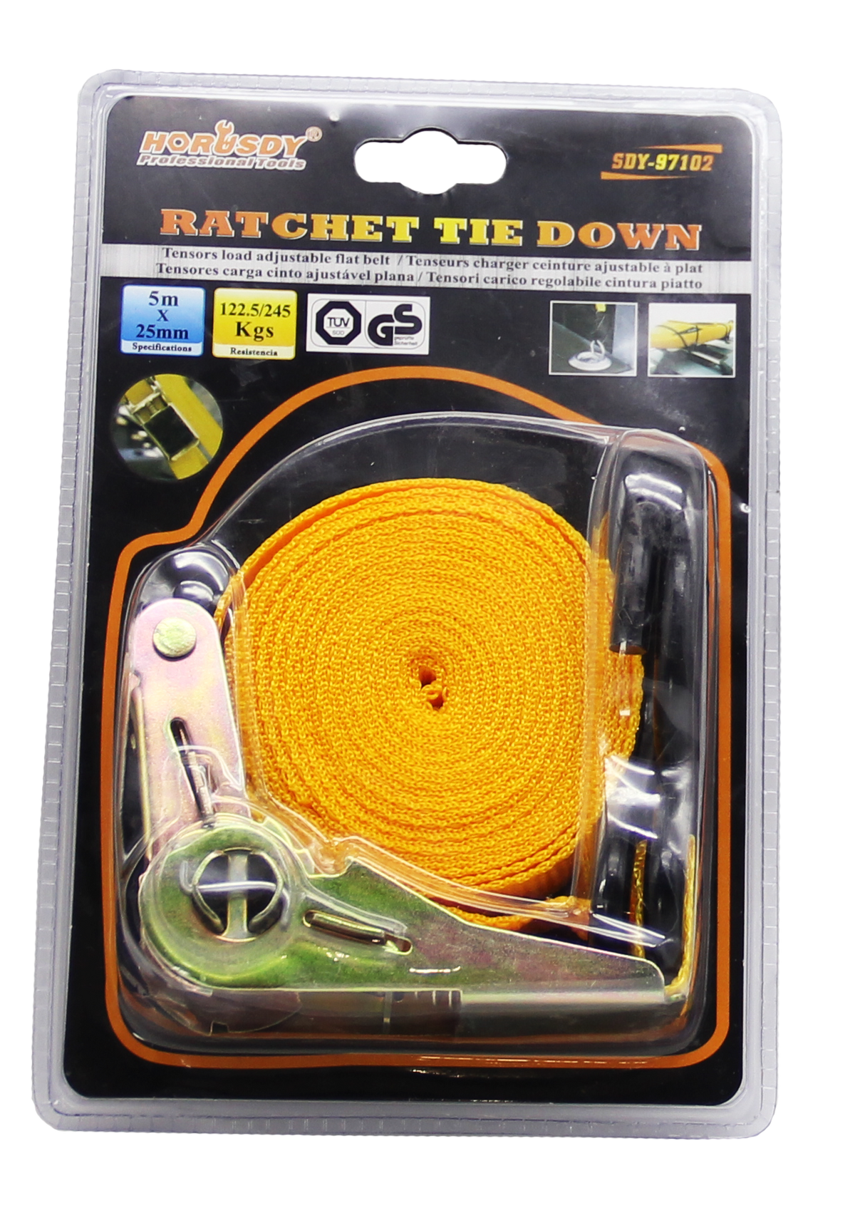Horusdy SDY97102 Ratchet Tie Down 5m X 25mm 122.5 - 245Kgs