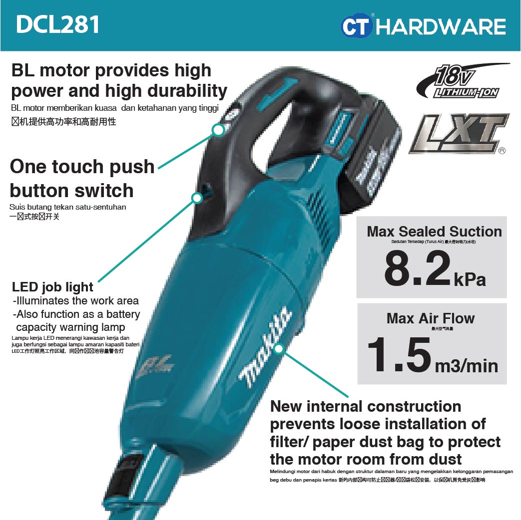 Makita DCL281FZB/ FZW LXT 18V Cordless Brushless Cleaner 750ml 8.2kPa (Body Only)