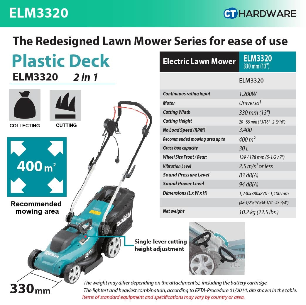 Makita ELM3320 Lawn Mower 1200W 330mm 20-55mm Height 30L Grass Box