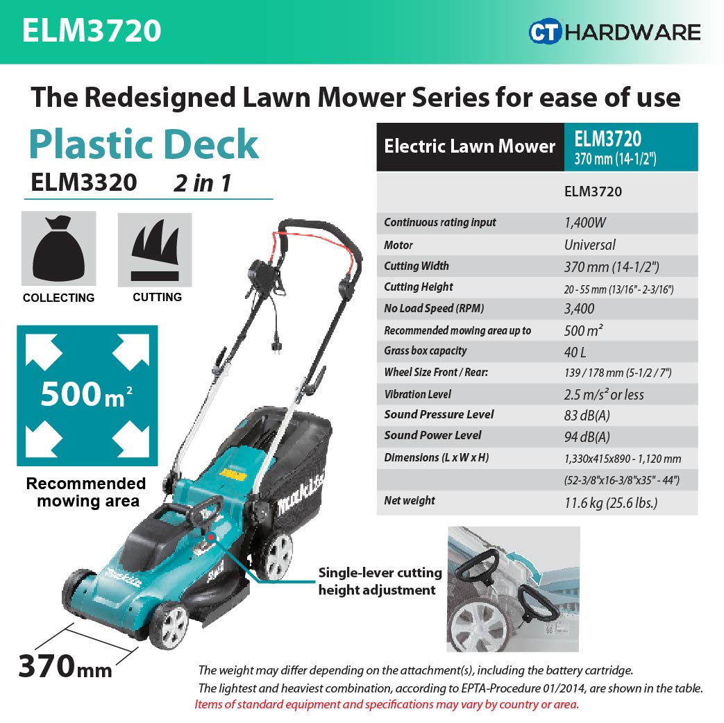 Makita ELM3720 Lawn Mower 1400W 370mm 20-55mm Height 40l Grass Box