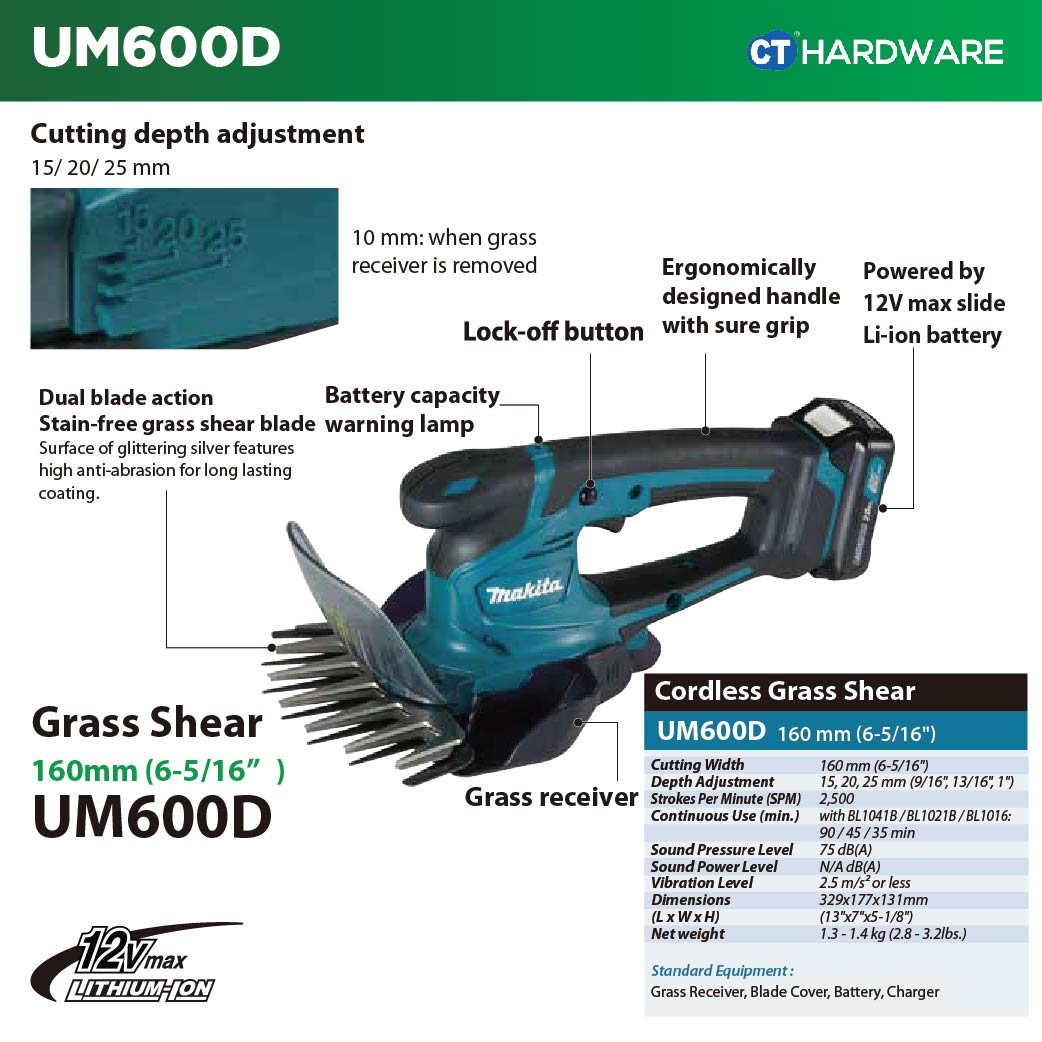 Makita UM600DWA CXT 12Vmax Cordless Grass Shear 160mm Incl. 1x 2.0Ah Battery, 1x Charger
