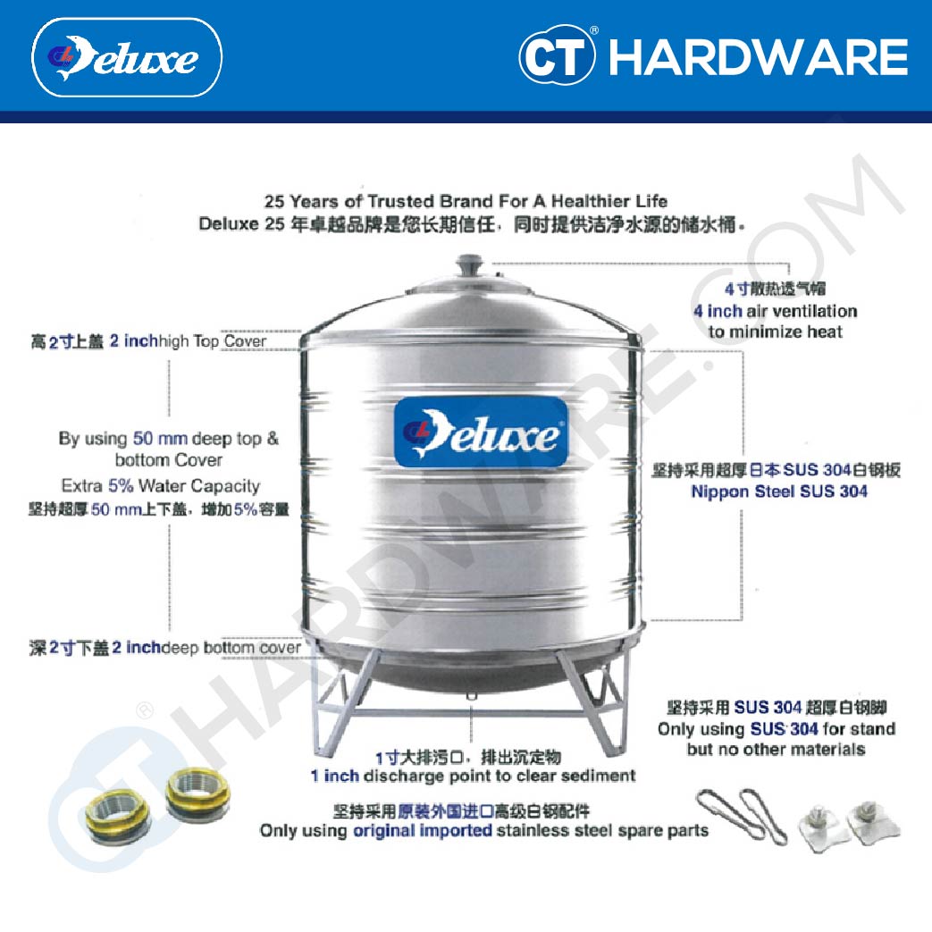 DELUXE CL30K STAINLESS STEEL WATER TANK WITH STAND 1250L ( 275 GALLONS) ROUND BOTTOM