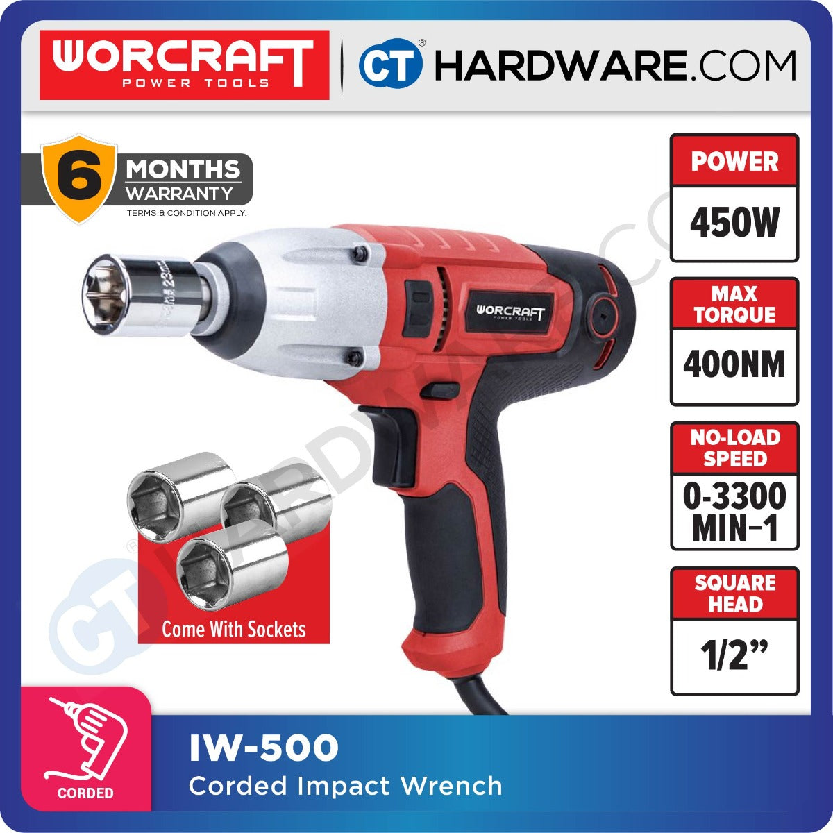 Worcraft IW-500 Impact Wrench 450W 1/2" with 17, 19, 21, 23mm Sockets
