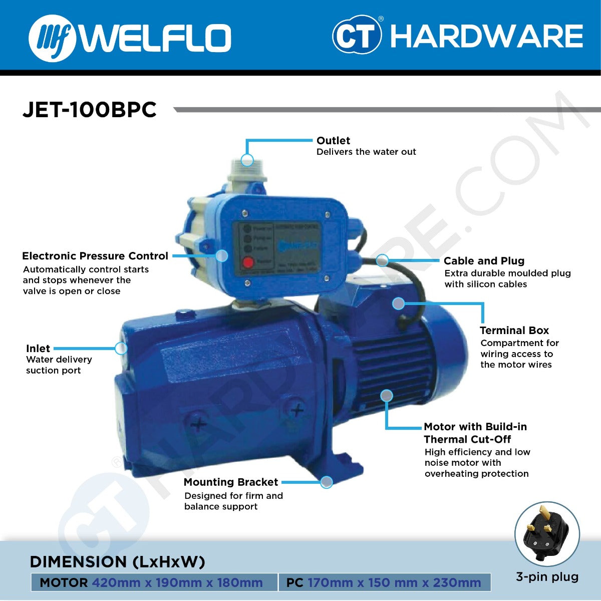 WELFLO JET100BPC SELF-PRIMING JET PUMP WITH BRASS IMPELLER