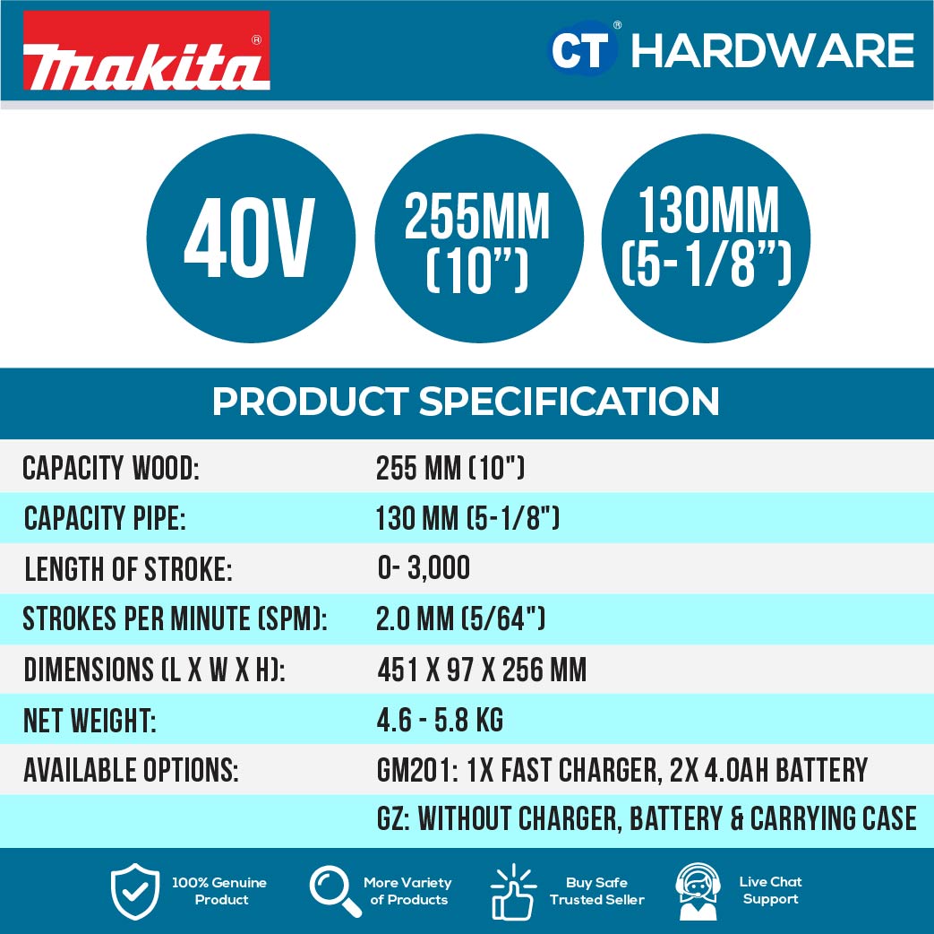 Makita JR002GM201/ GZ XGT 40Vmax Cordless Recipro Saw (Body Only | 2-Battery)