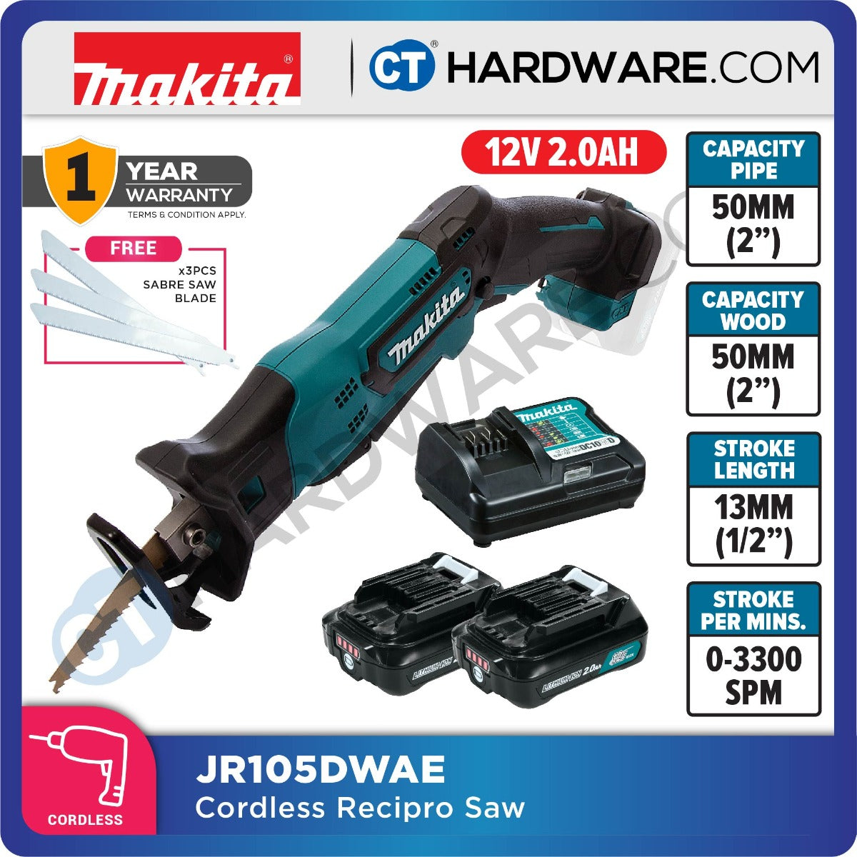 Makita JR105DWAE/ Z CXT 12Vmax Cordless Brushless Sabre Saw (Body Only | 2-Battery)