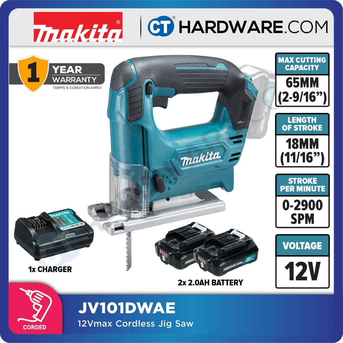 Makita JV101DWAE CXT 12Vmax Cordless Jigsaw Incl. 2x 2.0Ah Battery, 1x Charger