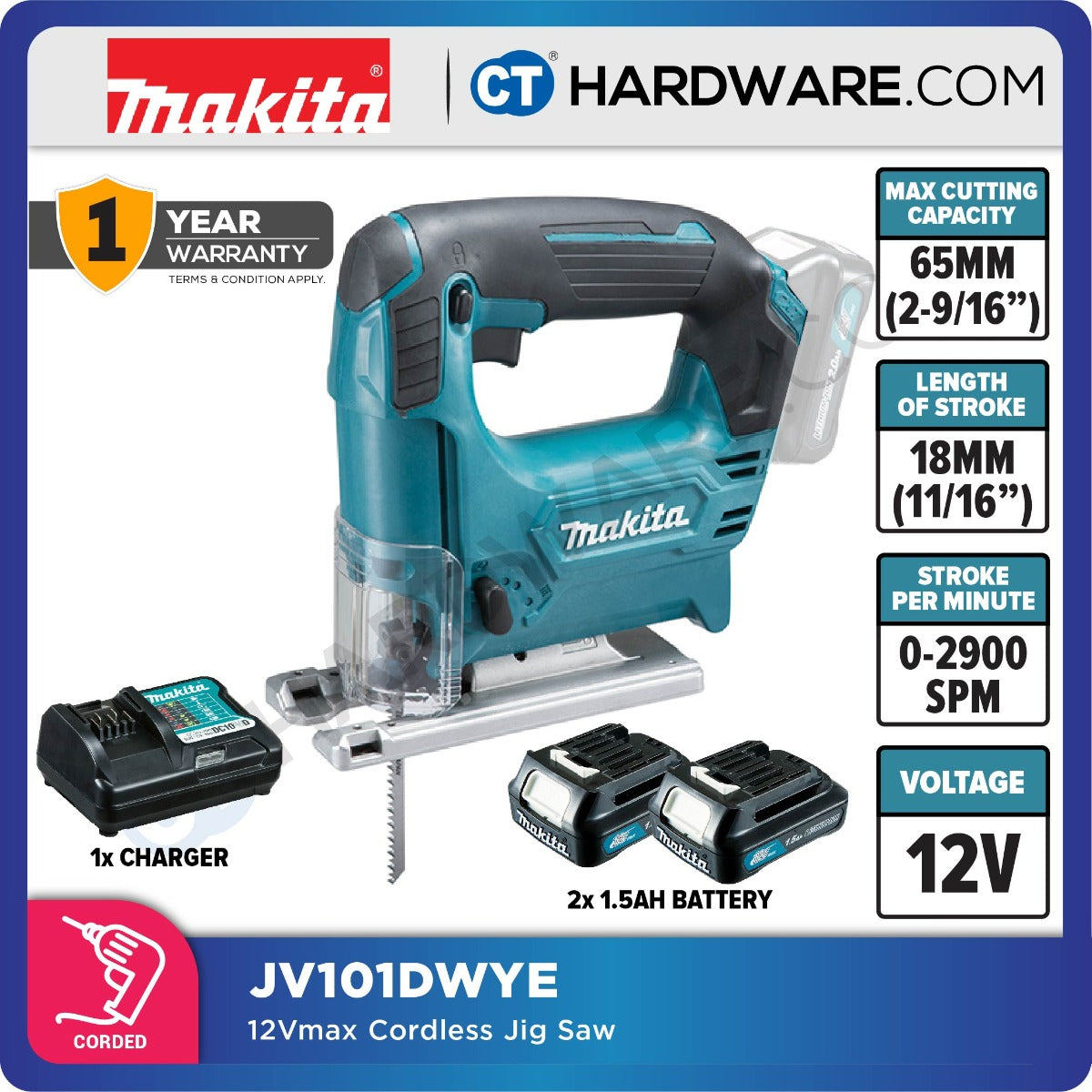 Makita JV101DWYE CXT 12Vmax Cordless Jigsaw Incl. 2x 1.5Ah Battery, 1x Charger