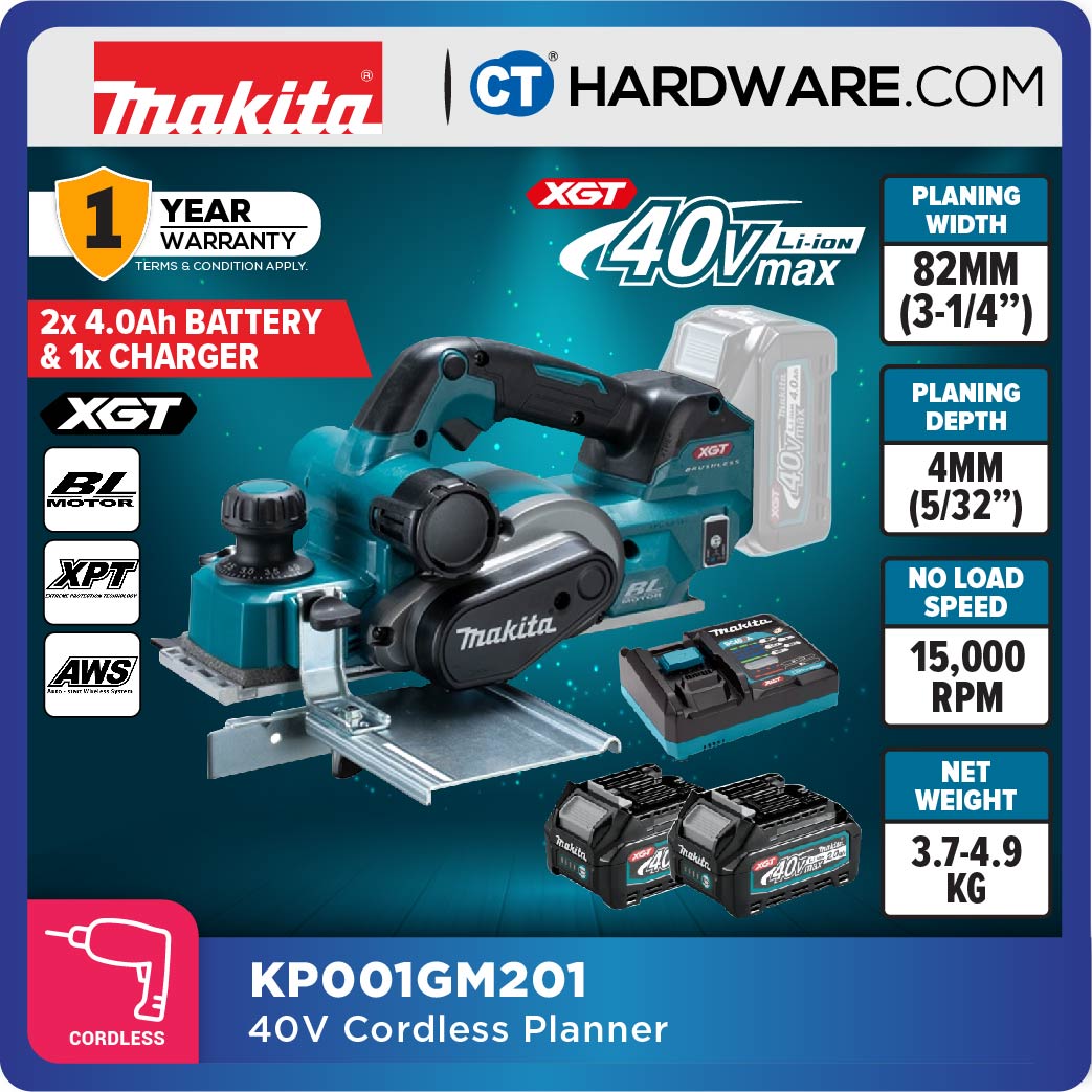 Makita KP001GM201/ GZ XGT 40Vmax Cordless Planer 82 Mm (3-1/4") (Body Only | 2-Battery)