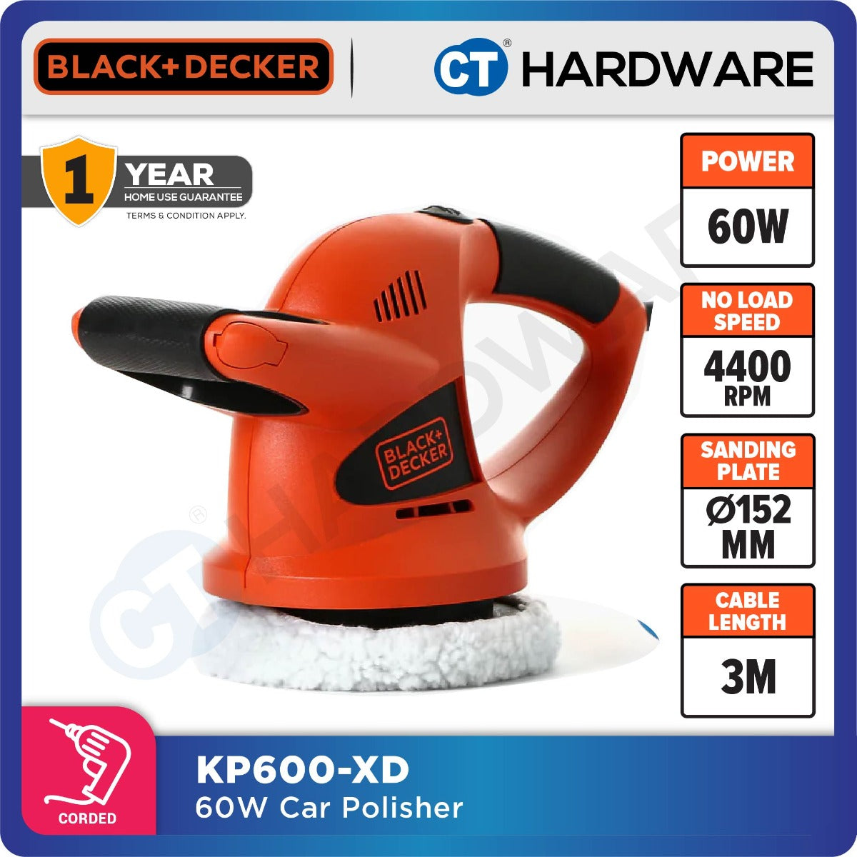 BLACK+DECKER KP600 Random Orbit Waxer & Polisher 60W 152MM