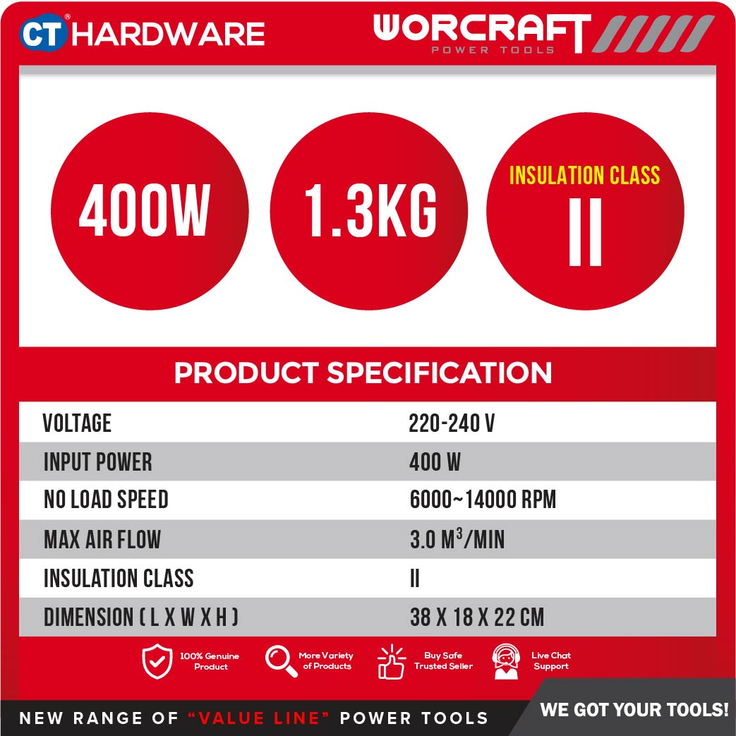 WORCRAFT LB400 CORDED BLOWER 400W | 6000-14000RPM | 3.0M3/MIN