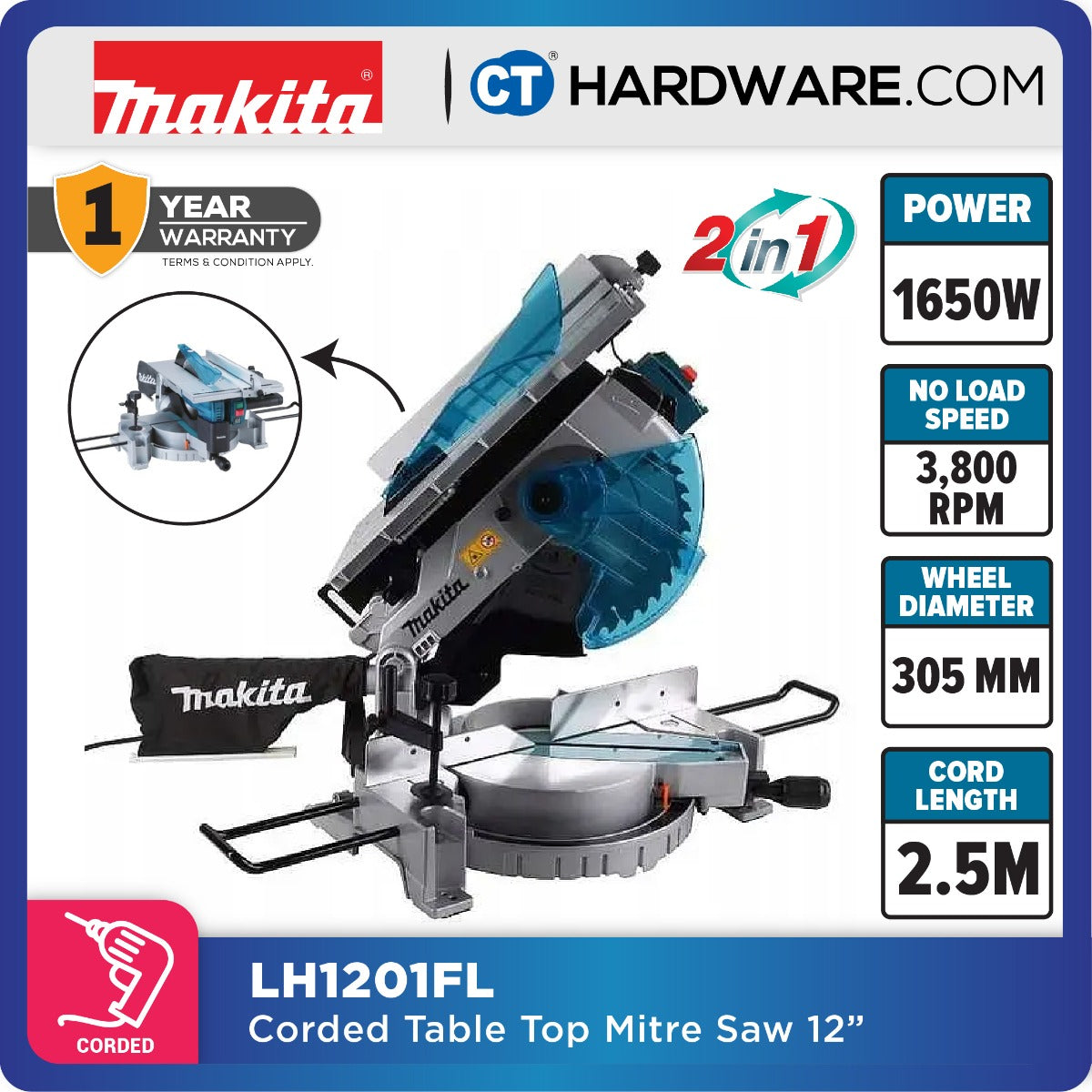 Makita LH1201FL Table Top Miter Saw 12" 305mm 1650W