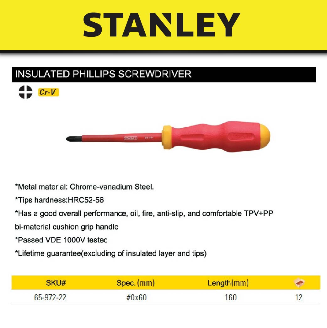 STANLEY 65972 (1PC) 1000V # PH0 INSULATED PHILIPS SCREWDRIVER VDE SCREWDRIVER BLADE: #0 x 60MM