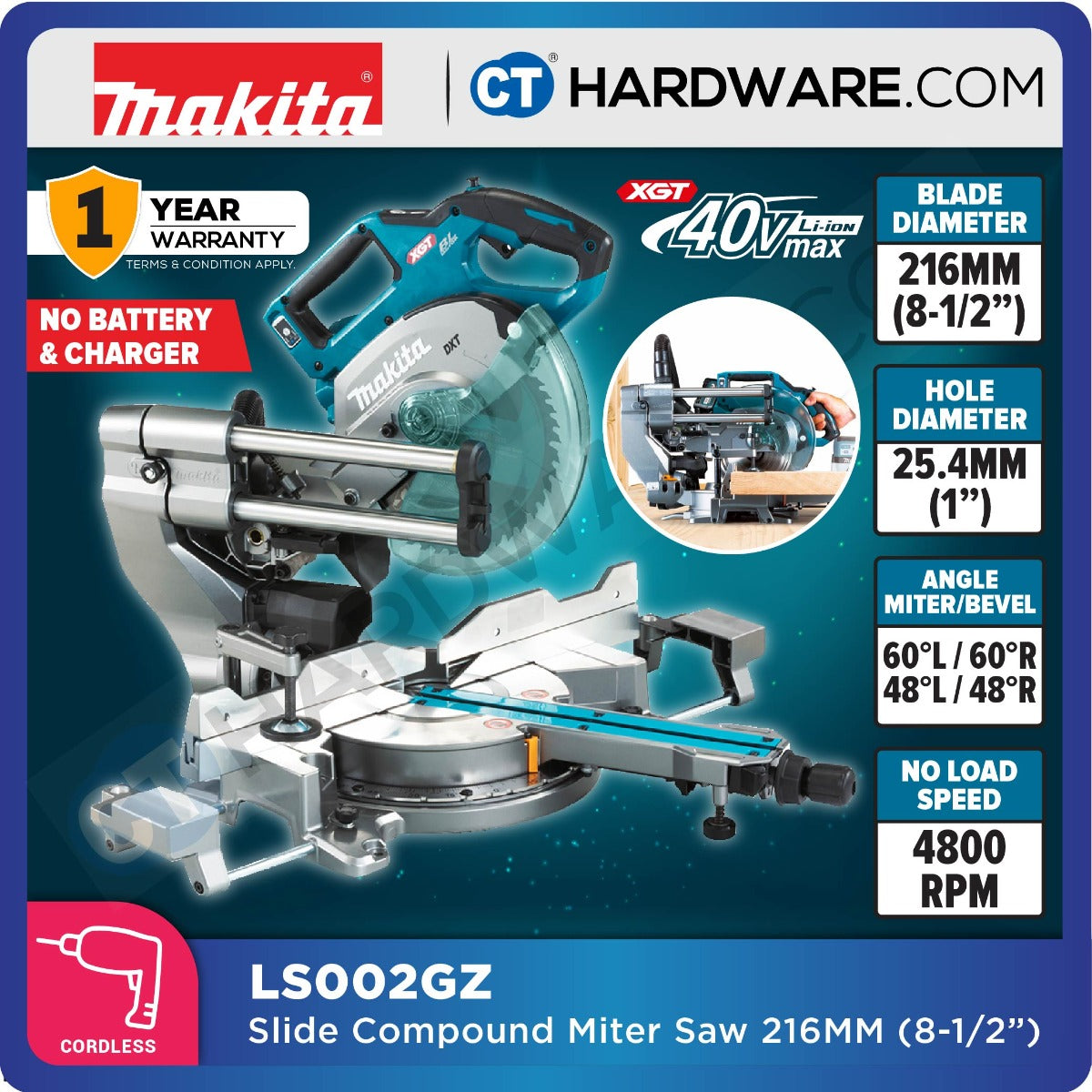 Makita LS002GZ LXT 18V Cordless Slide Compound Mitre Saw 216mm (8-1/2") (Body Only)