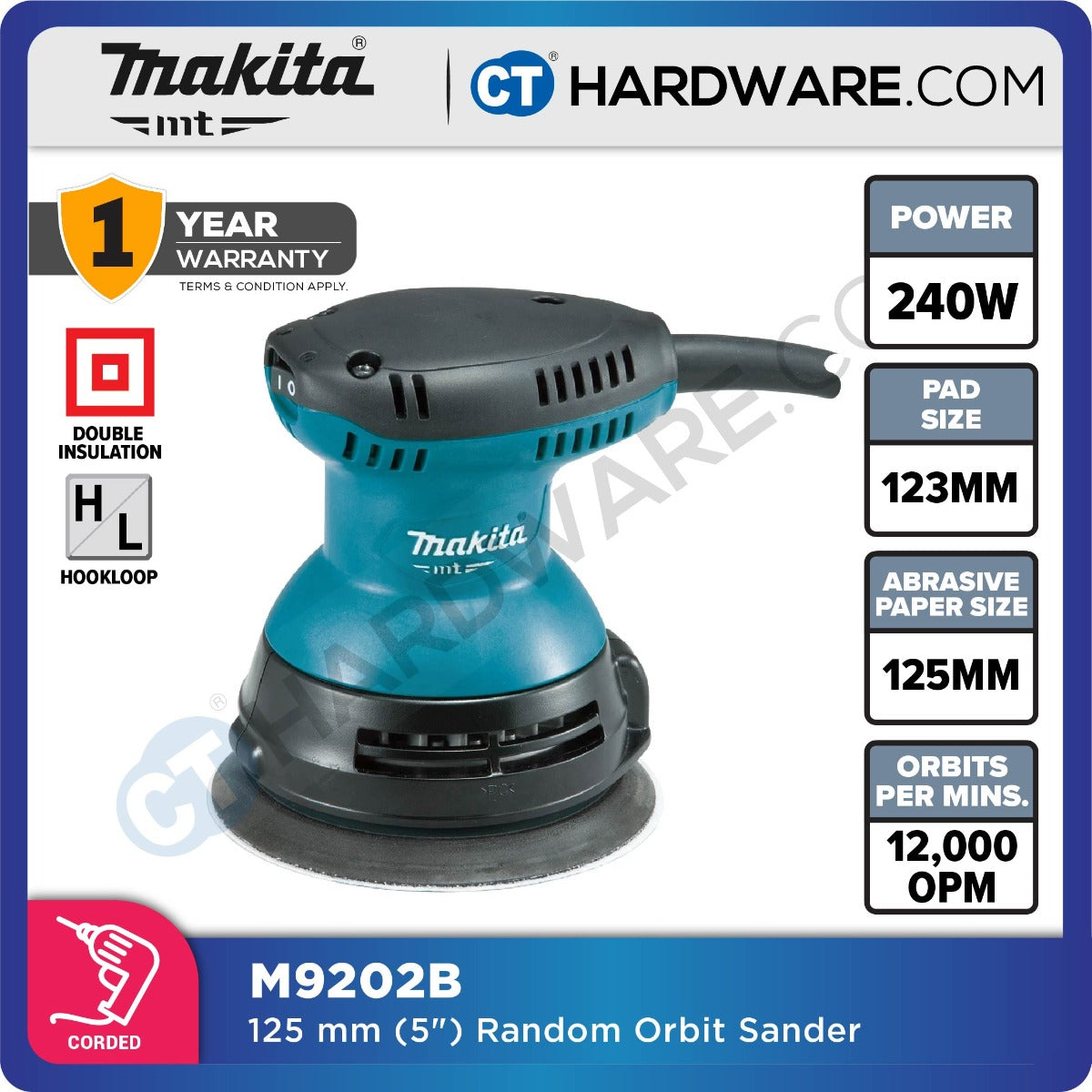 Makita MT M9202B Random Orbit Sander 180W 5" (125mm)